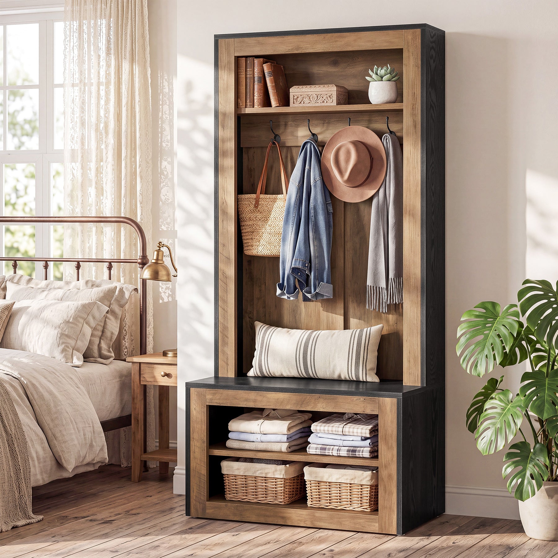 70.8" Tall Farmhouse Hall Tree with Shoe Bench & 4 Hooks, 4-in-1 Entryway Coat Rack Organizer
