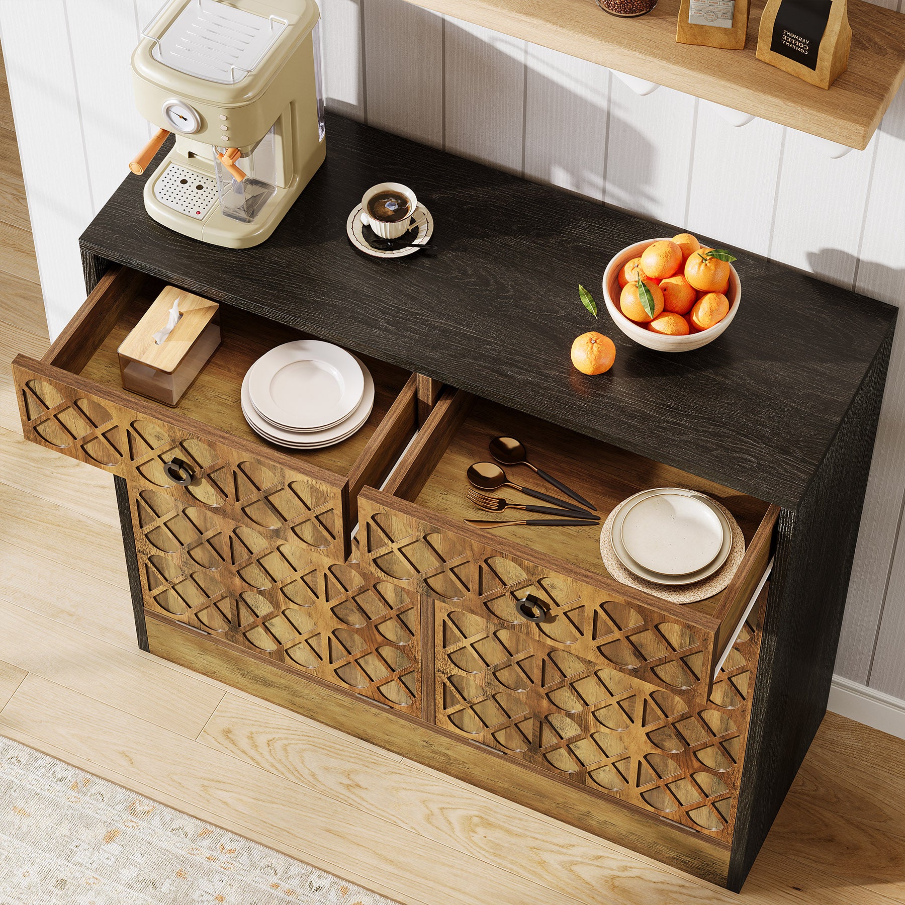 Tilt Out Trash Can Cabinet, 10 Gallon Laundry Sorter Cabinet with 2 Drawers