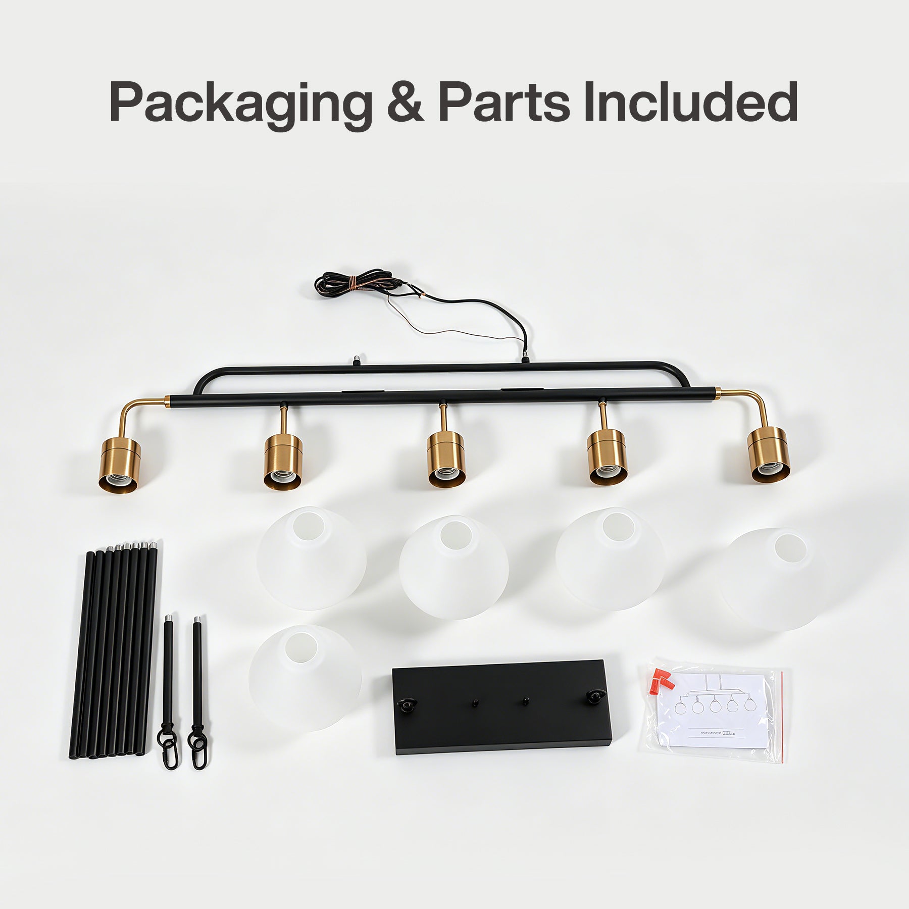 5-Light Pendant Light, Adjustable-Height Kitchen Island Light with Frosted White Glass, E26 Base