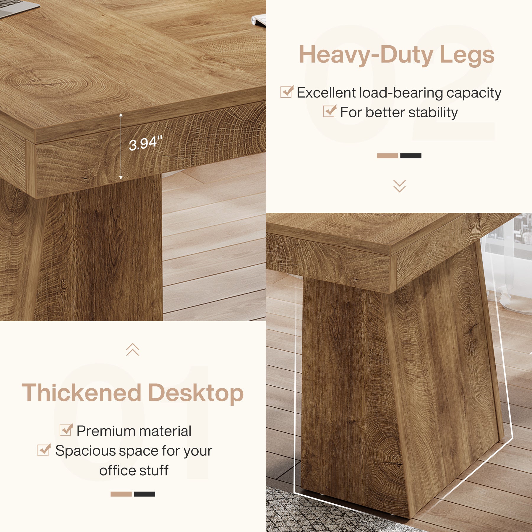 55" Executive Office Desk with Double Trapezoid Base, Modern Wooden Computer Desk for Home Office