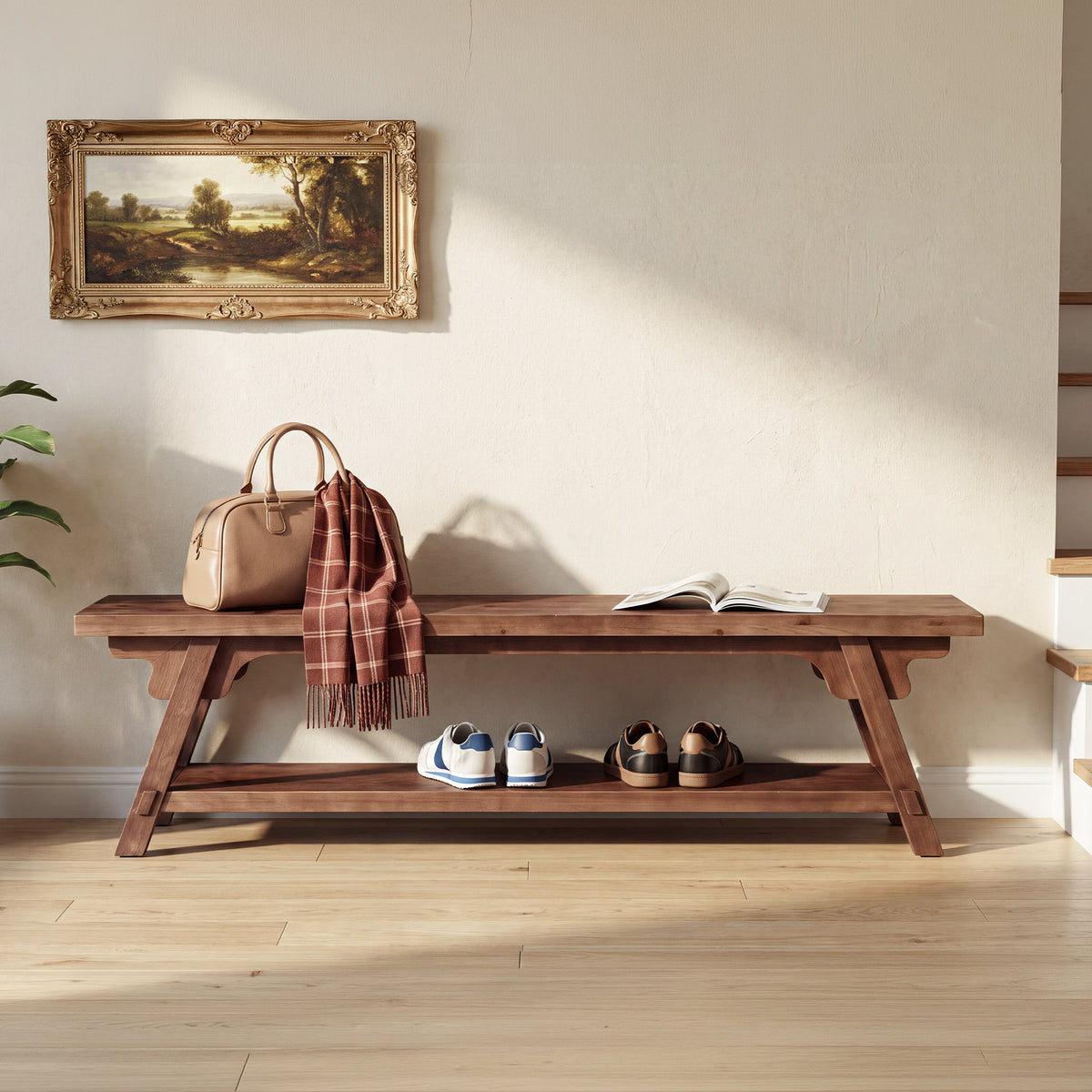 63" Long Solid Wood Entryway Bench, 2-Tier End of Bed Bench, Bedroom Mudroom