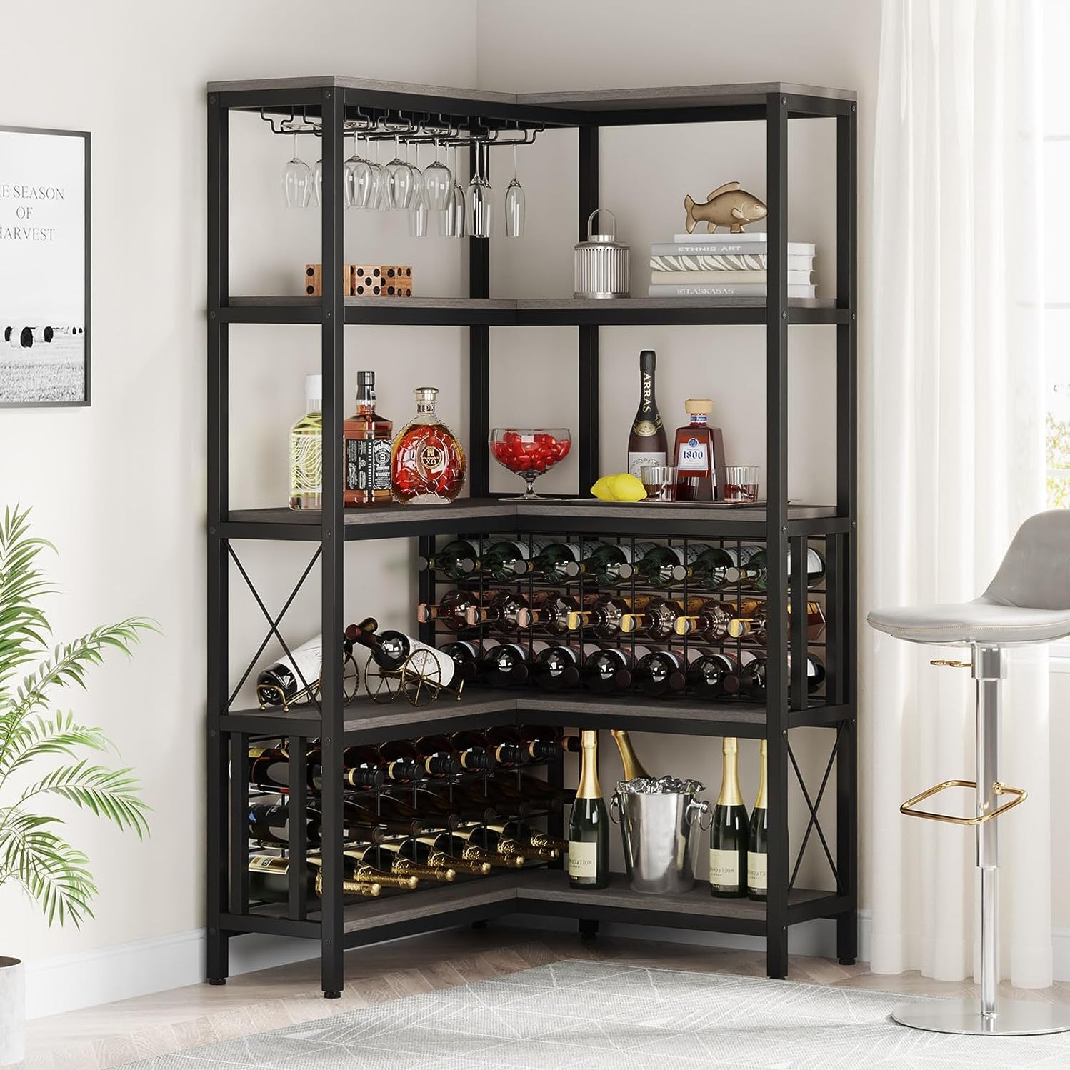 Tribesigns 5-Tier Corner Wine Bar Rack for Liquor and Glasses Storage