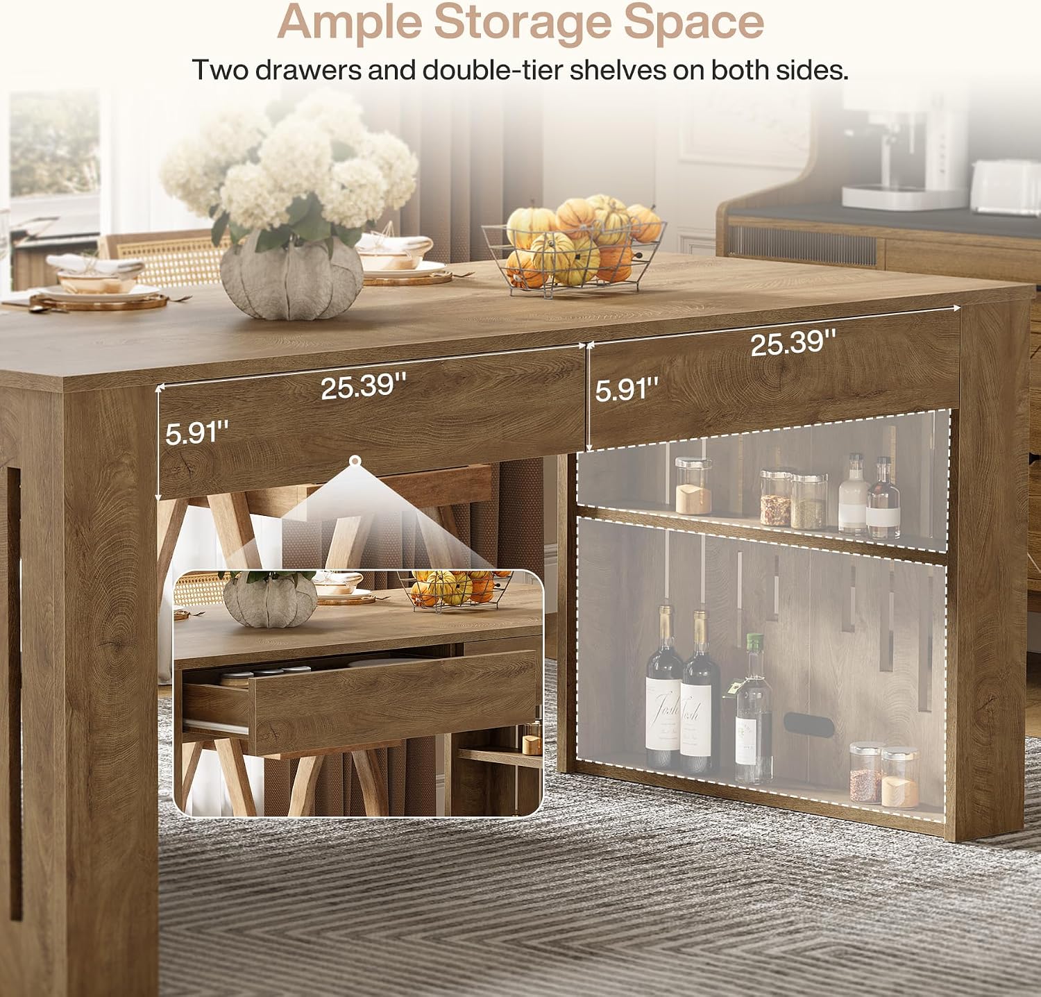 63" Rectangular Dining Table, Rustic Kitchen Table with Drawers for 4 Persons