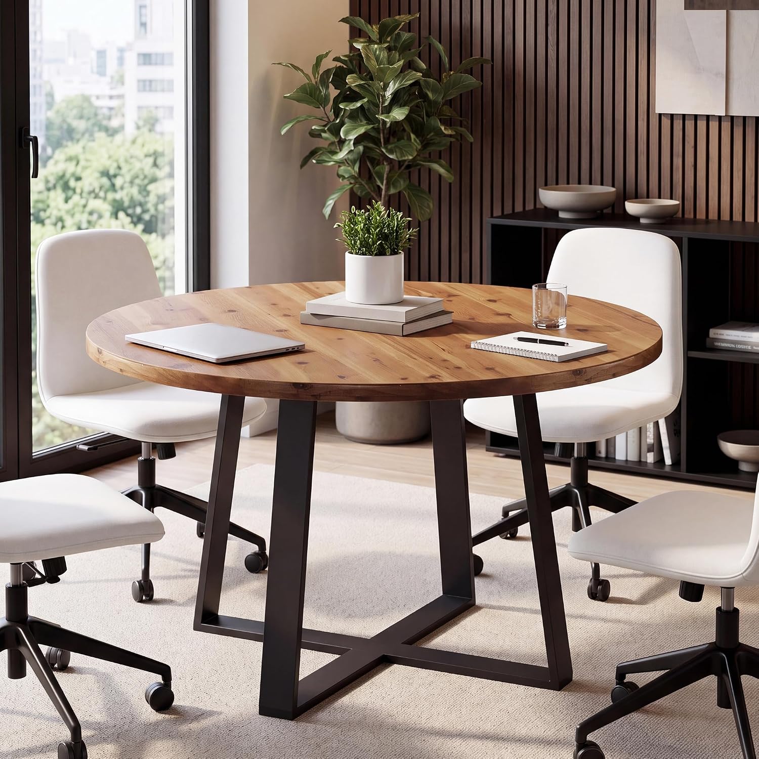 47" Round Conference Table, Solid Wood Meeting Table for Conference Room