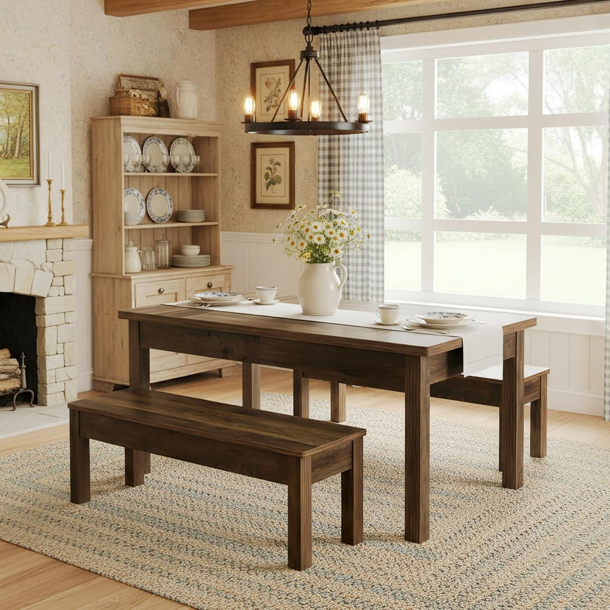 55" Farmhouse Kitchen Table Set for 4–6 People, 3 Piece Space Saving Dining Table with 2 Benches