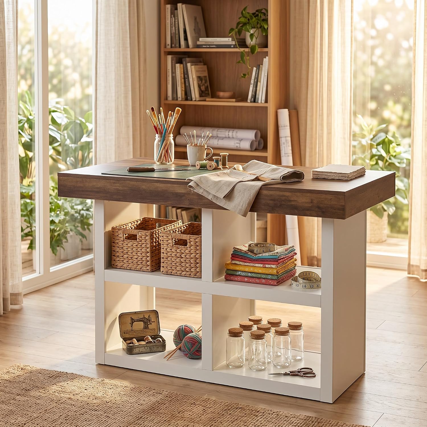 55" Sewing Cabinet Table, 4 Open Compartments, Counter Height Art Craft Storage Desk