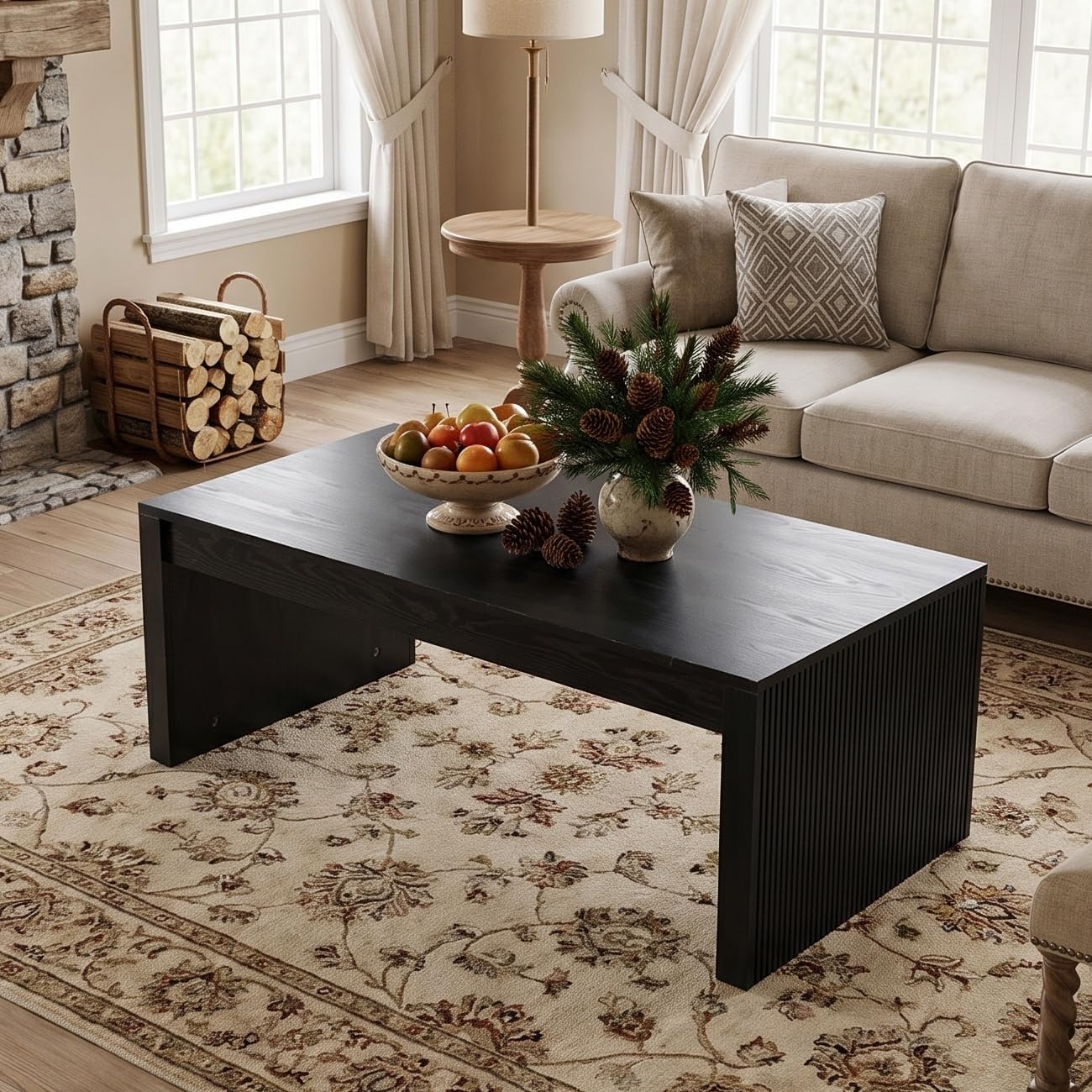 47" Modern Coffee Table, Rectangular Low Cocktail Tea Furniture with Fluted Base