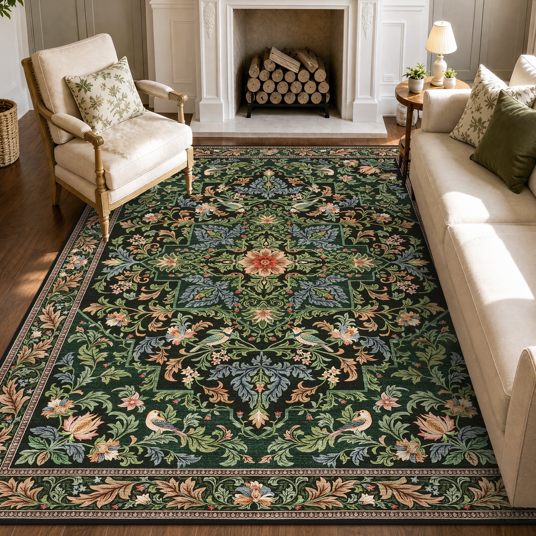 Floral Bird Area Rug, Machine Washable Boho Rug in Green & Blue, 5x7 / 8x10, Non-Slip Indoor Outdoor Living Room