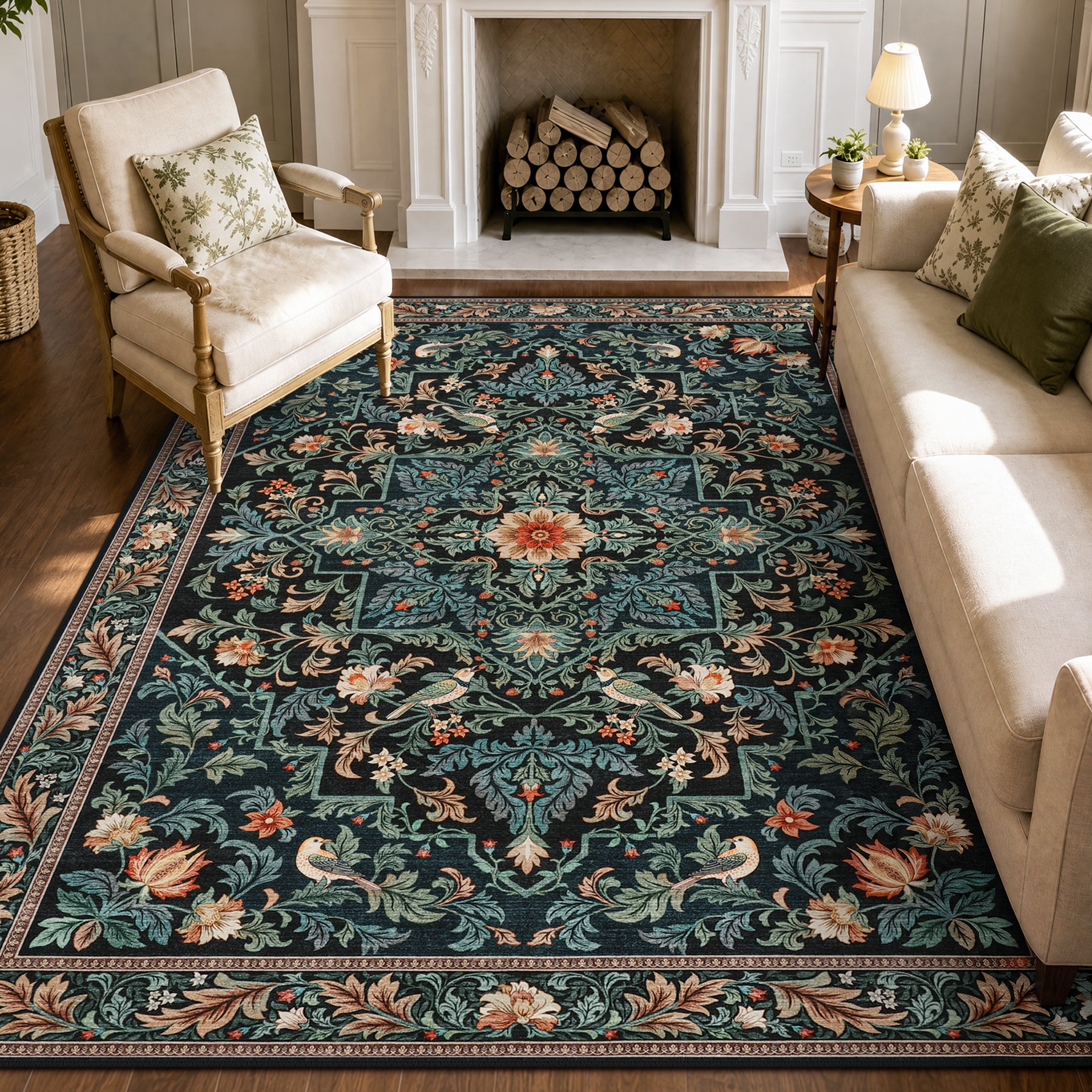 Floral Bird Area Rug, Machine Washable Boho Rug in Green & Blue, 5x7 / 8x10, Non-Slip Indoor Outdoor Living Room