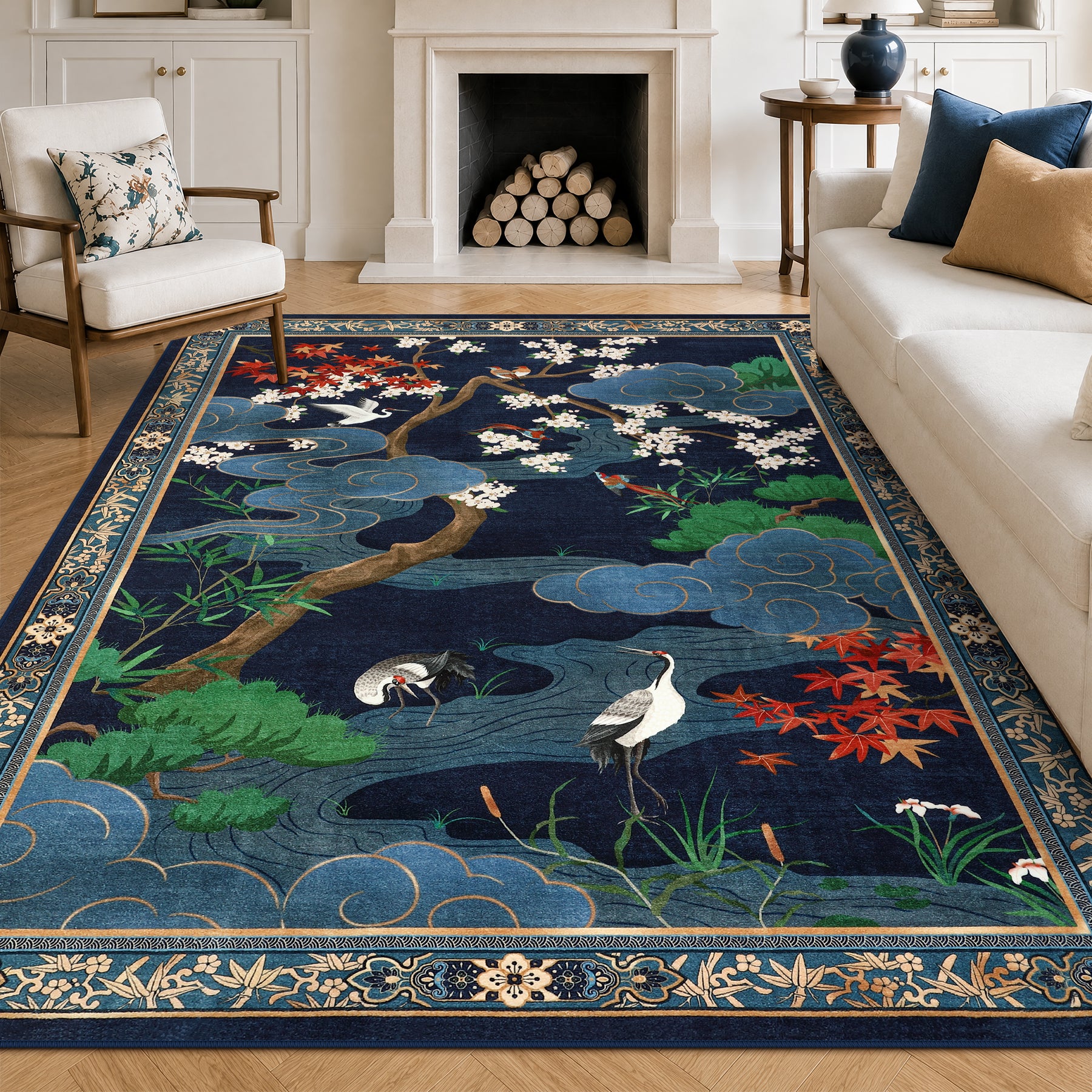 Floral Cherry Blossom Oriental Rug – Soft Non-Slip Washable Carpet for Living Room, Bedroom, Oeko-Tex Certified