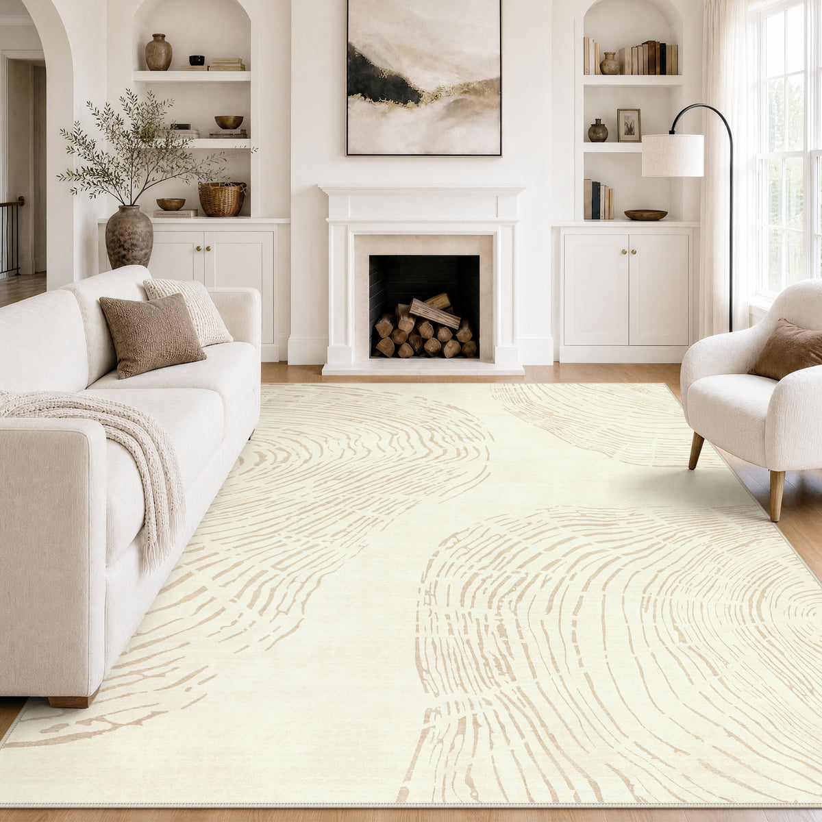 Abstract Machine Washable Area Rug, Soft Boho Minimalist Non-Slip Low Pile Carpet, Oeko-Tex Certified