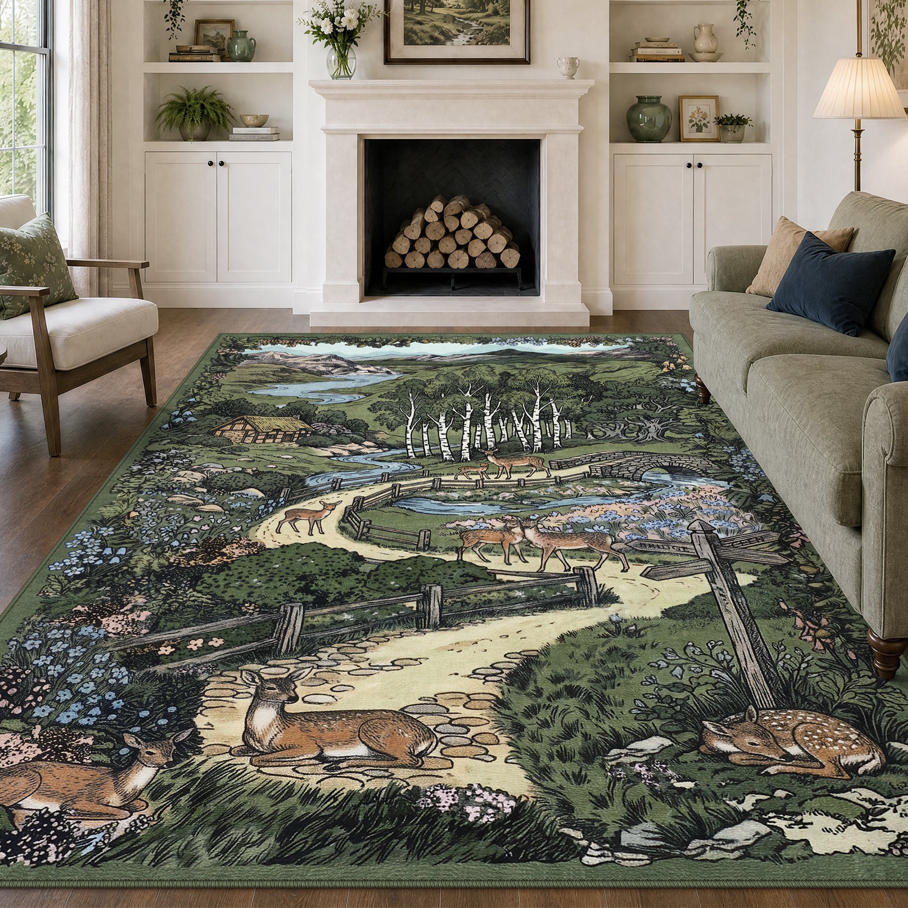 Washable Area Rug, Forest Deer Illustration Print, Non-Slip Soft Low-Pile, Living Room Animal Rug