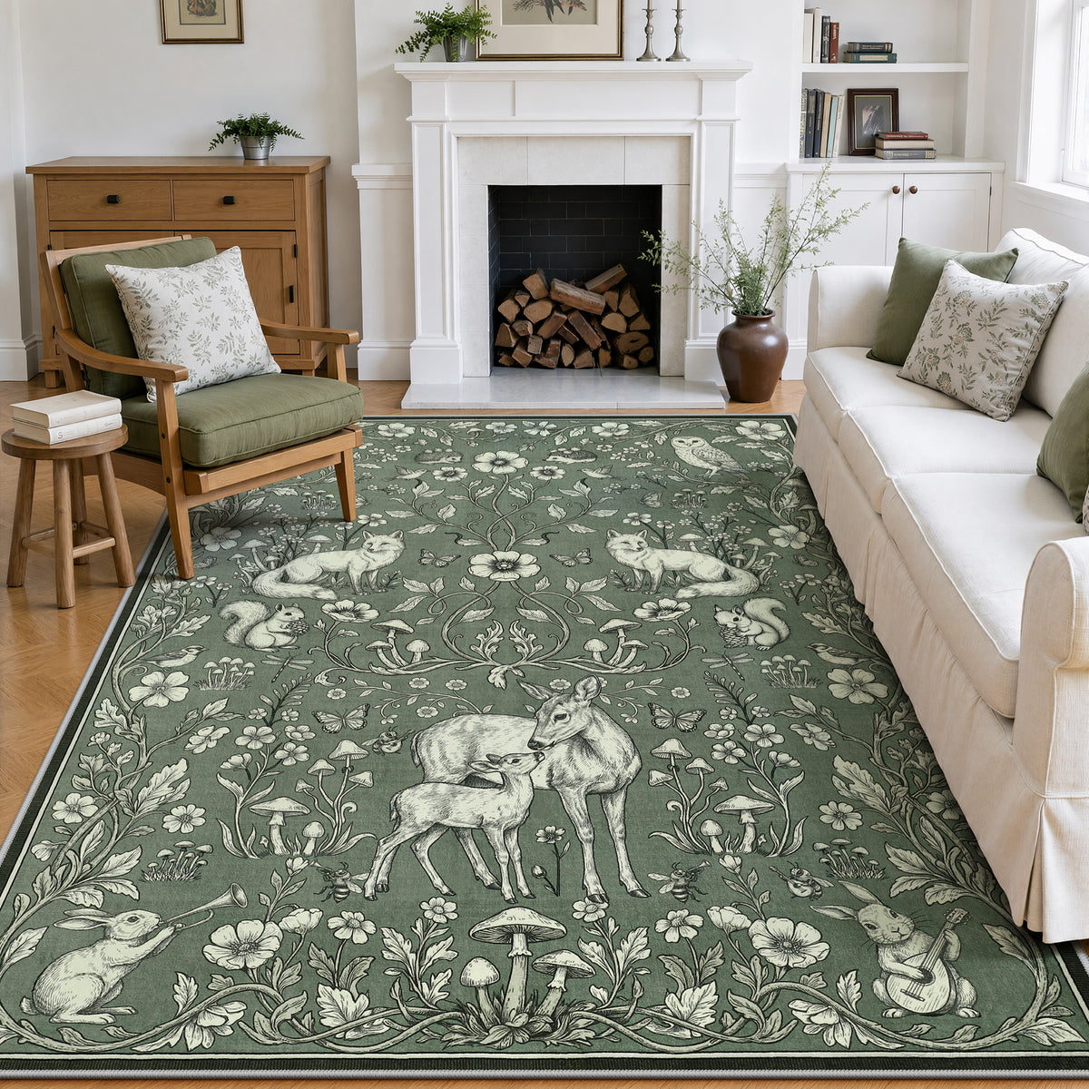 Whimsical Woodland Botanical Area Rug, Soft Low Pile Washable Non Slip Indoor Carpet