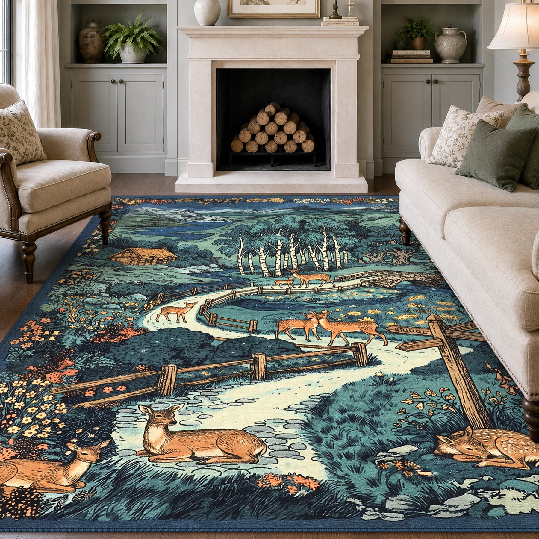 Washable Area Rug, Forest Deer Illustration Print, Non-Slip Soft Low-Pile, Living Room Animal Rug