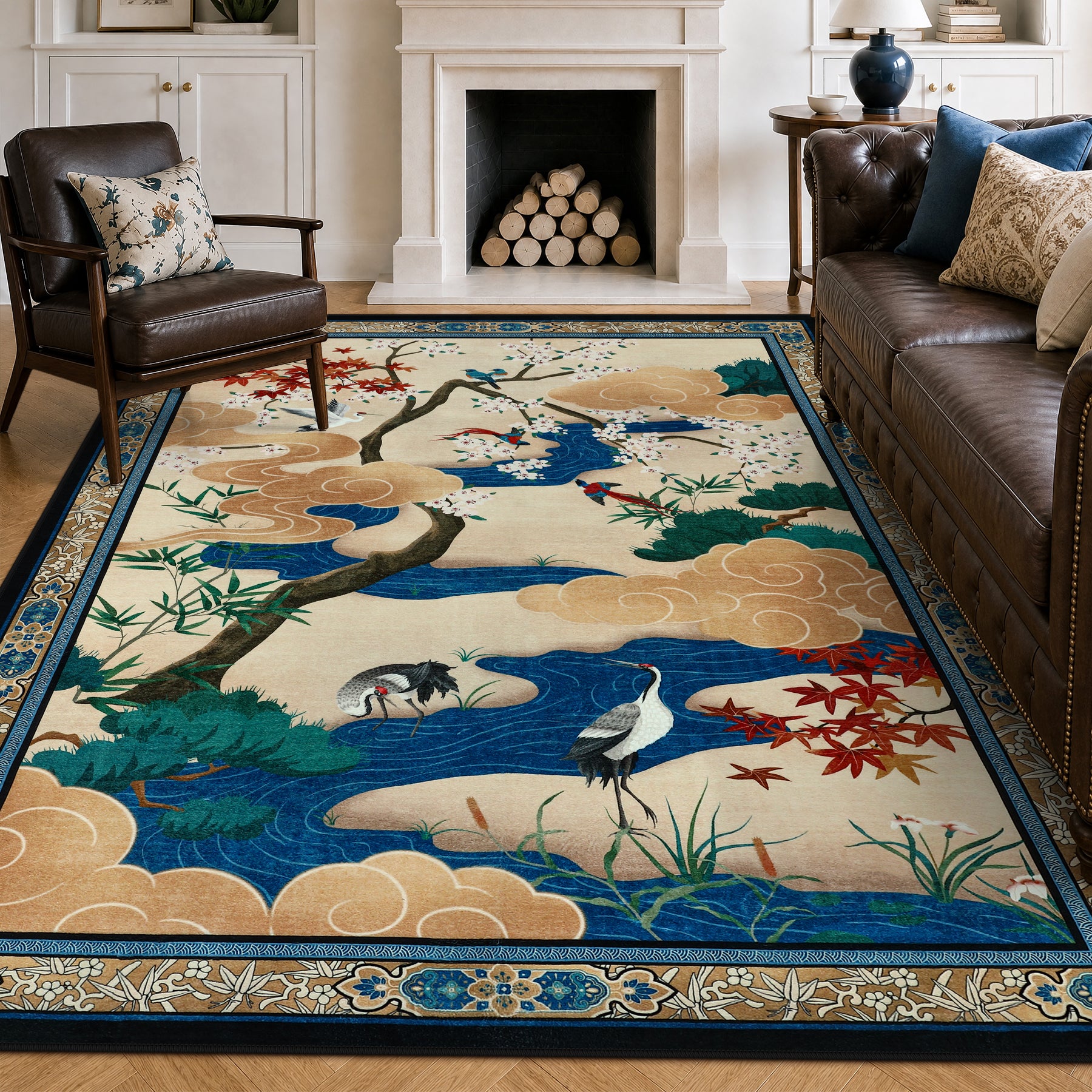 Floral Cherry Blossom Oriental Rug – Soft Non-Slip Washable Carpet for Living Room, Bedroom, Oeko-Tex Certified