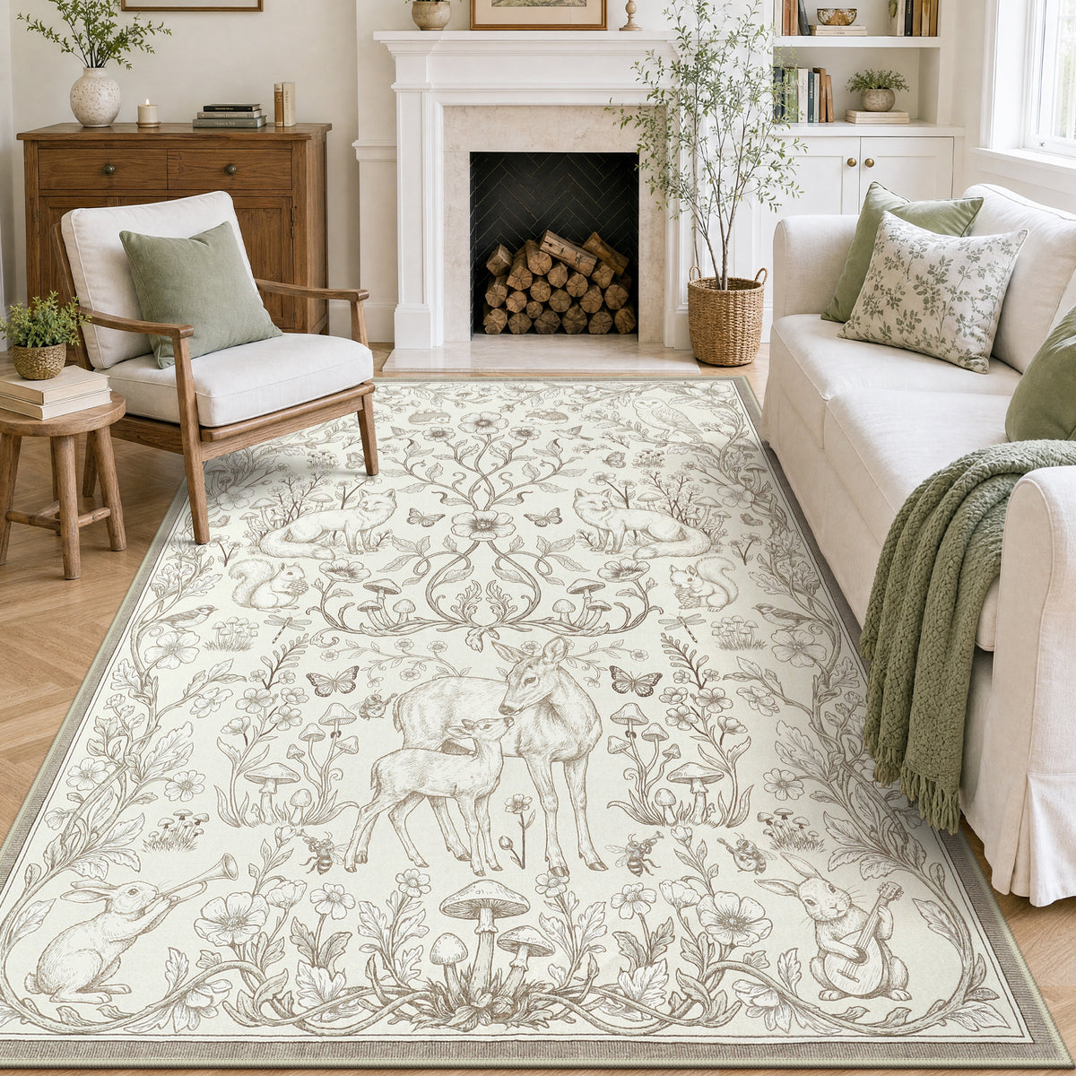 Whimsical Woodland Botanical Area Rug, Soft Low Pile Washable Non Slip Indoor Carpet