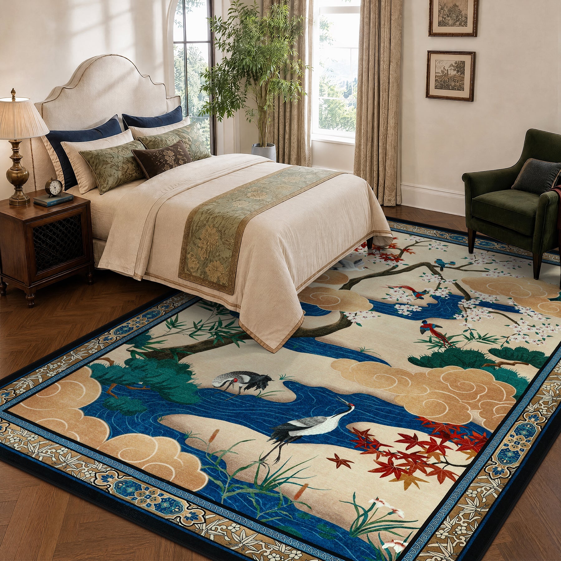 Floral Cherry Blossom Oriental Rug – Soft Non-Slip Washable Carpet for Living Room, Bedroom, Oeko-Tex Certified