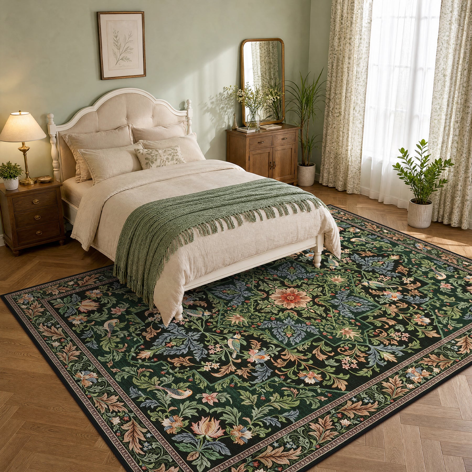 Floral Bird Area Rug, Machine Washable Boho Rug in Green & Blue, 5x7 / 8x10, Non-Slip Indoor Outdoor Living Room