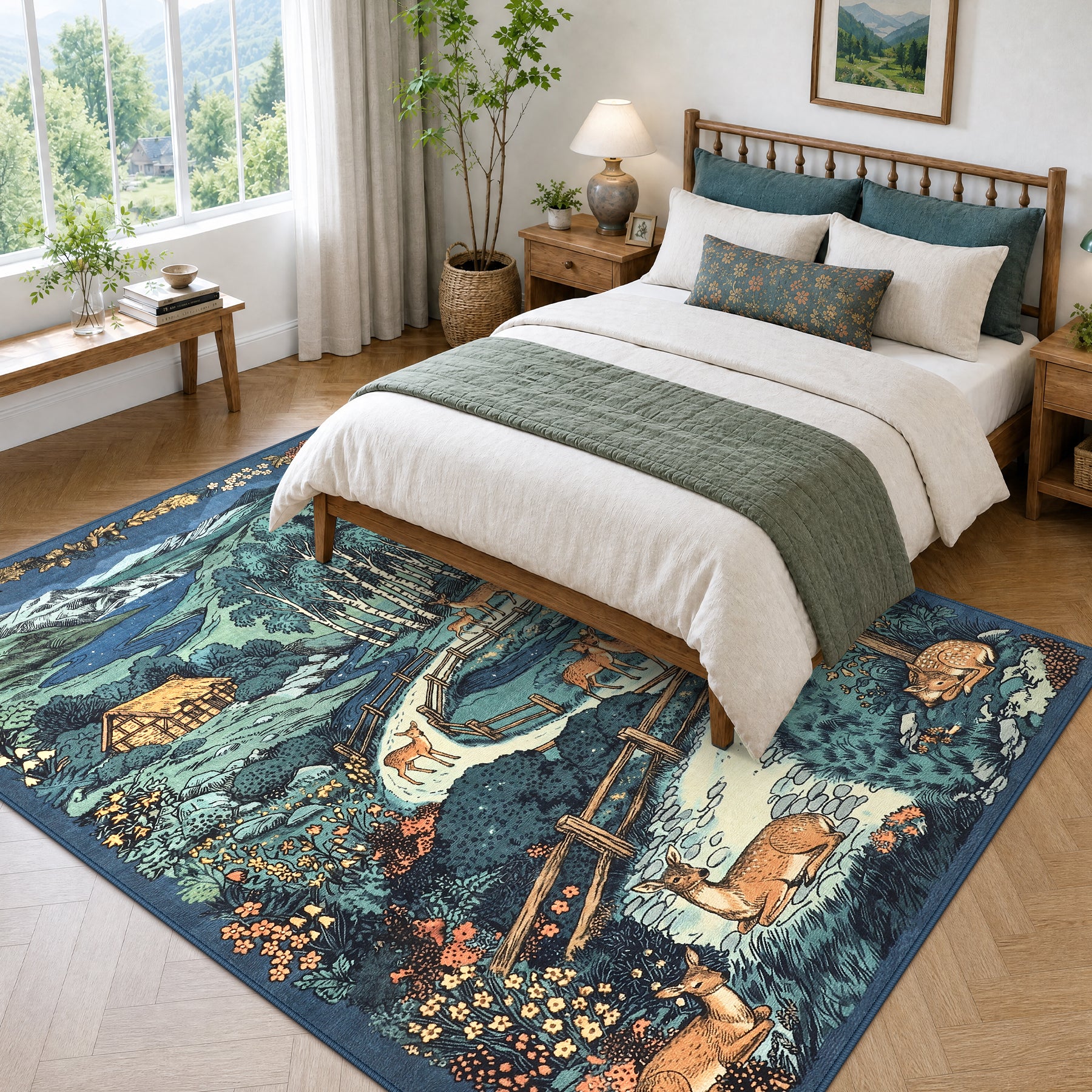 Washable Area Rug, Forest Deer Illustration Print, Non-Slip Soft Low-Pile, Living Room Animal Rug