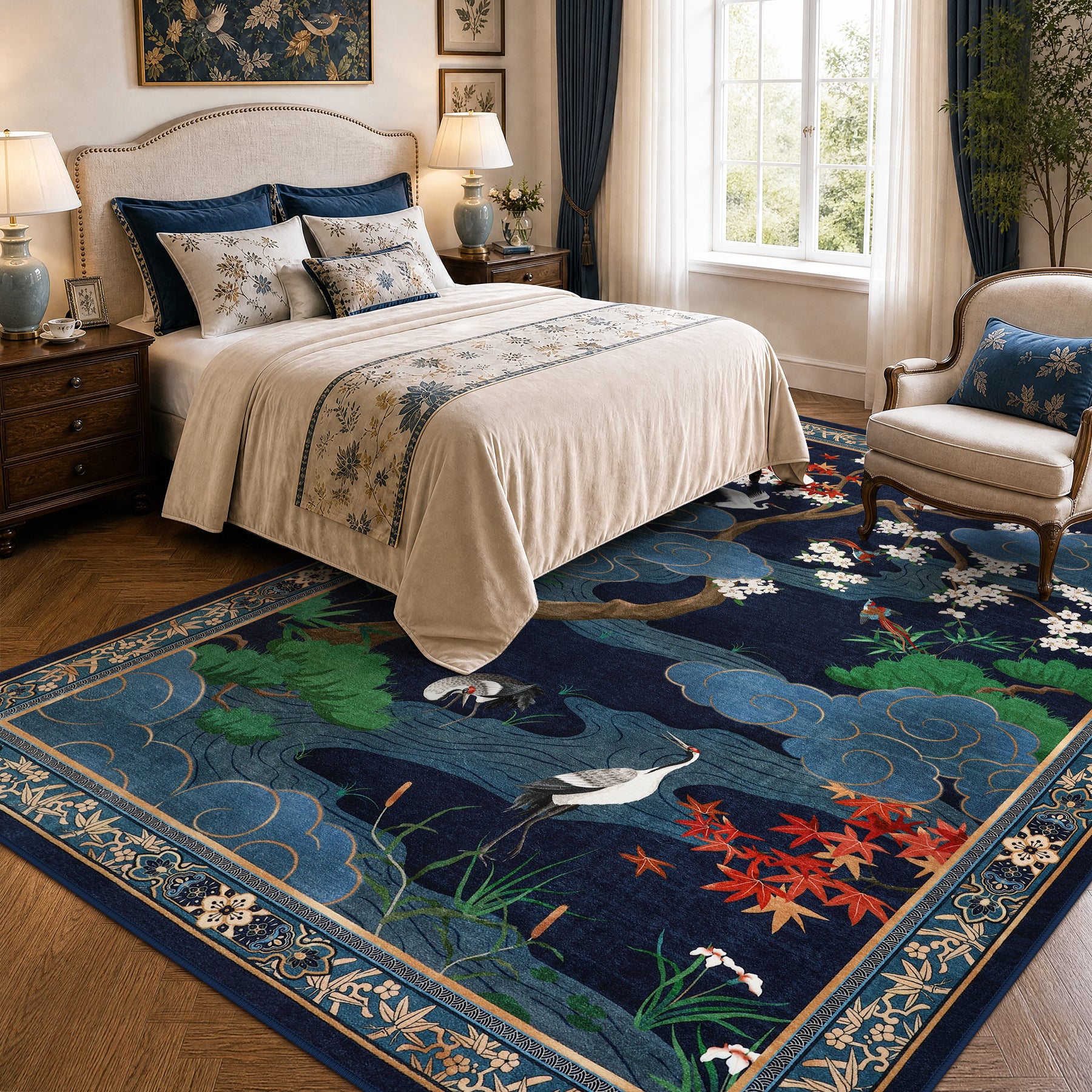 Floral Cherry Blossom Oriental Rug – Soft Non-Slip Washable Carpet for Living Room, Bedroom, Oeko-Tex Certified