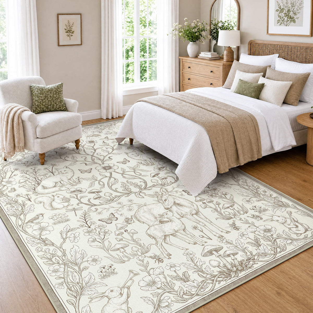 Whimsical Woodland Botanical Area Rug, Soft Low Pile Washable Non Slip Indoor Carpet