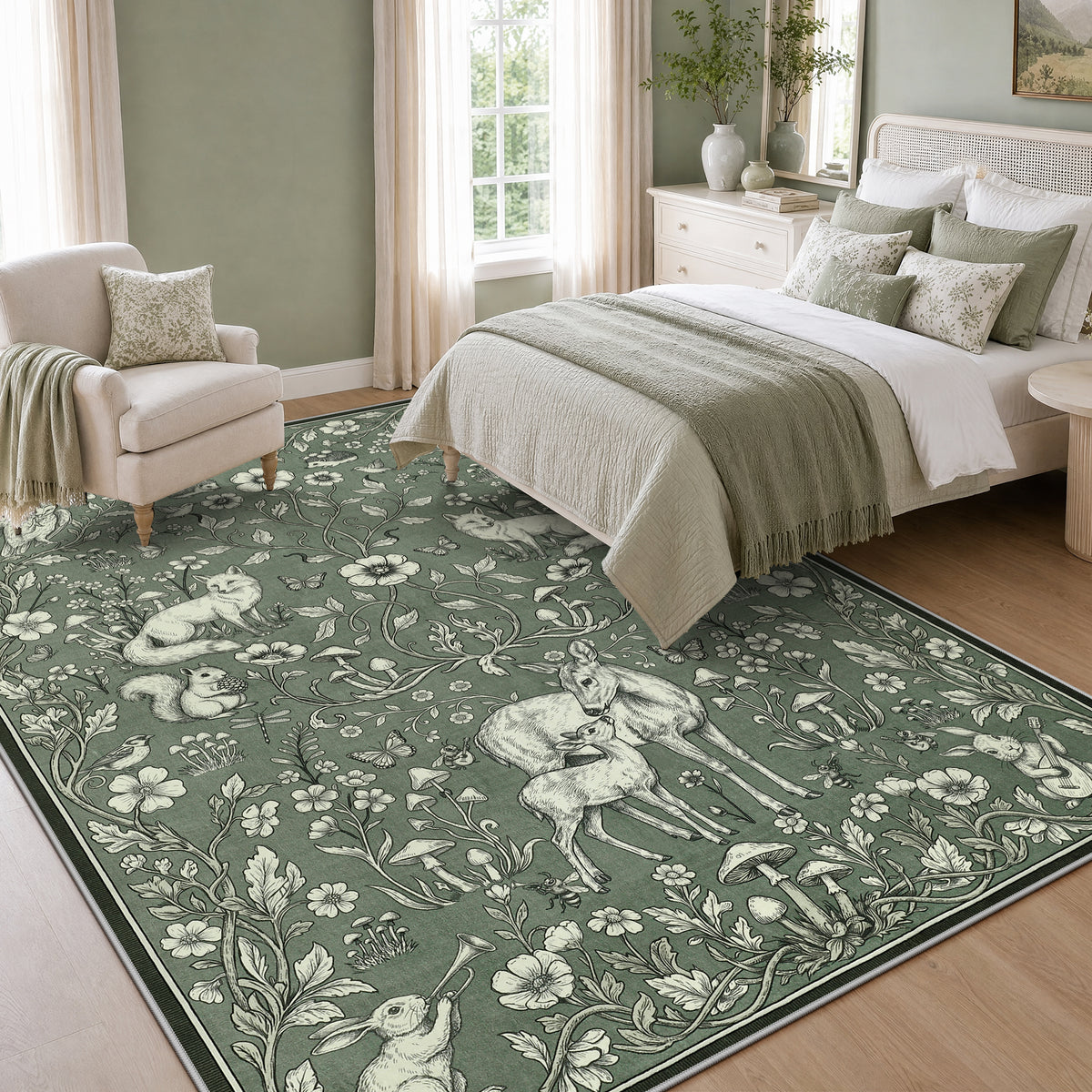 Whimsical Woodland Botanical Area Rug, Soft Low Pile Washable Non Slip Indoor Carpet