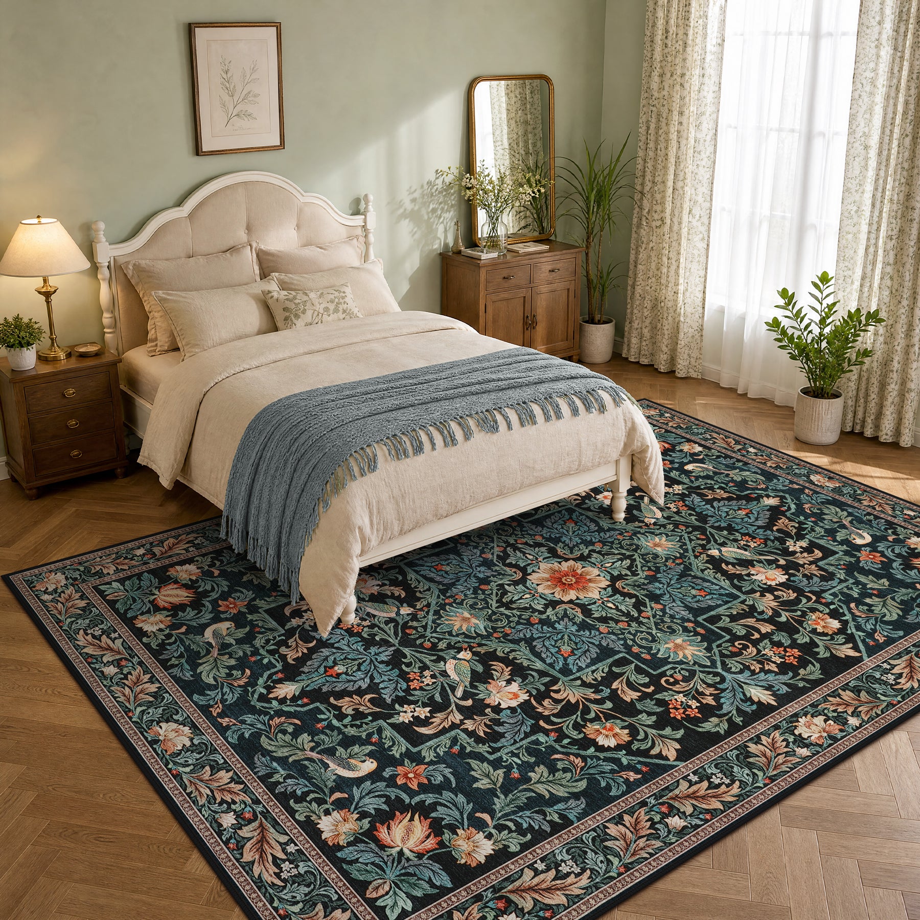Floral Bird Area Rug, Machine Washable Boho Rug in Green & Blue, 5x7 / 8x10, Non-Slip Indoor Outdoor Living Room
