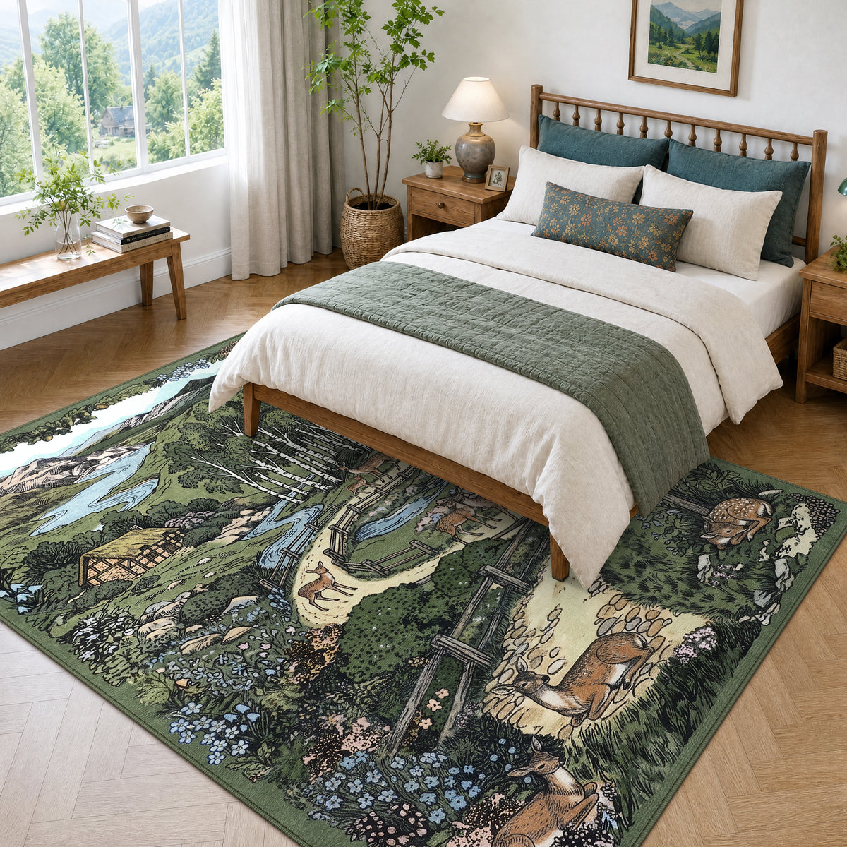 Washable Area Rug, Forest Deer Illustration Print, Non-Slip Soft Low-Pile, Living Room Animal Rug