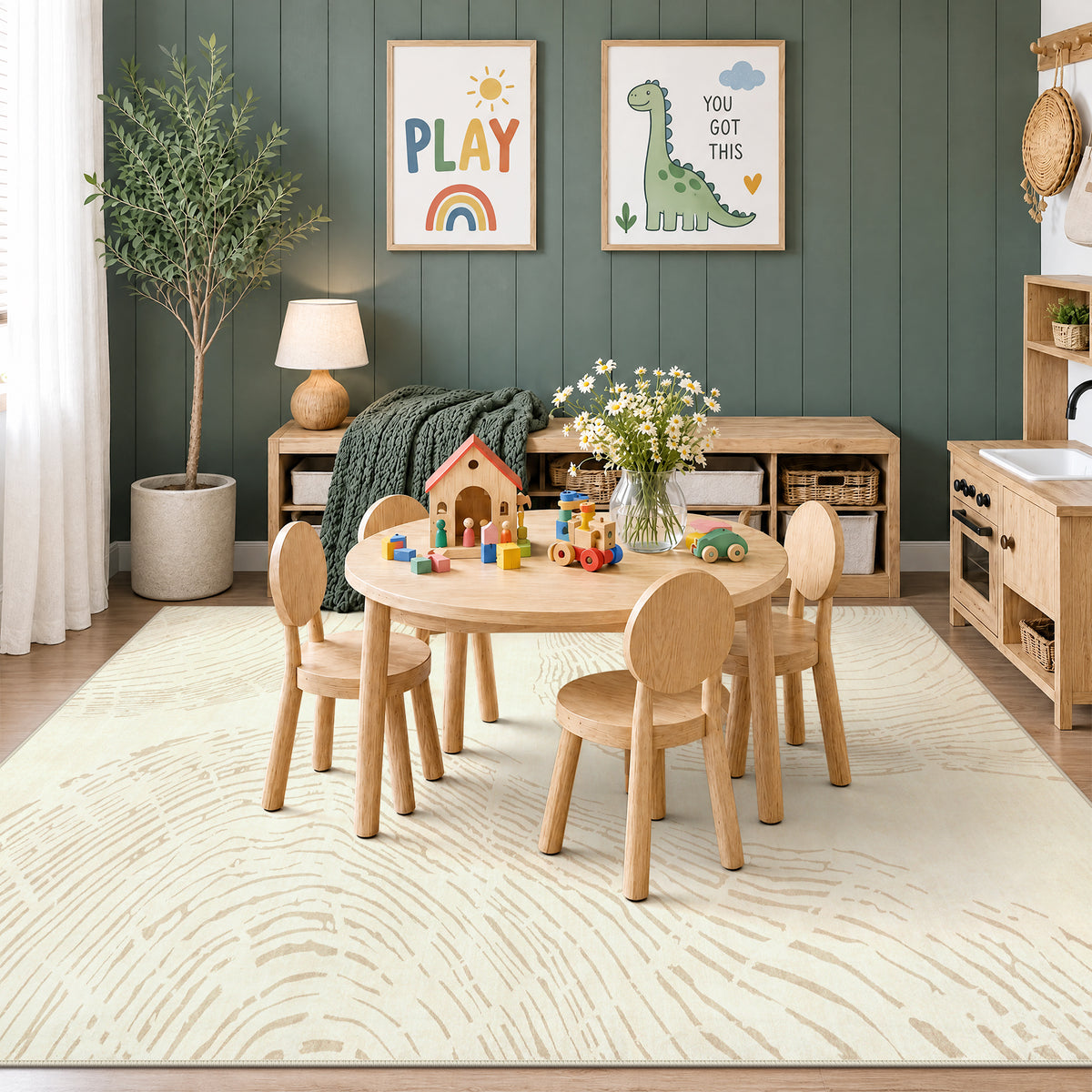 Abstract Machine Washable Area Rug, Soft Boho Minimalist Non-Slip Low Pile Carpet, Oeko-Tex Certified