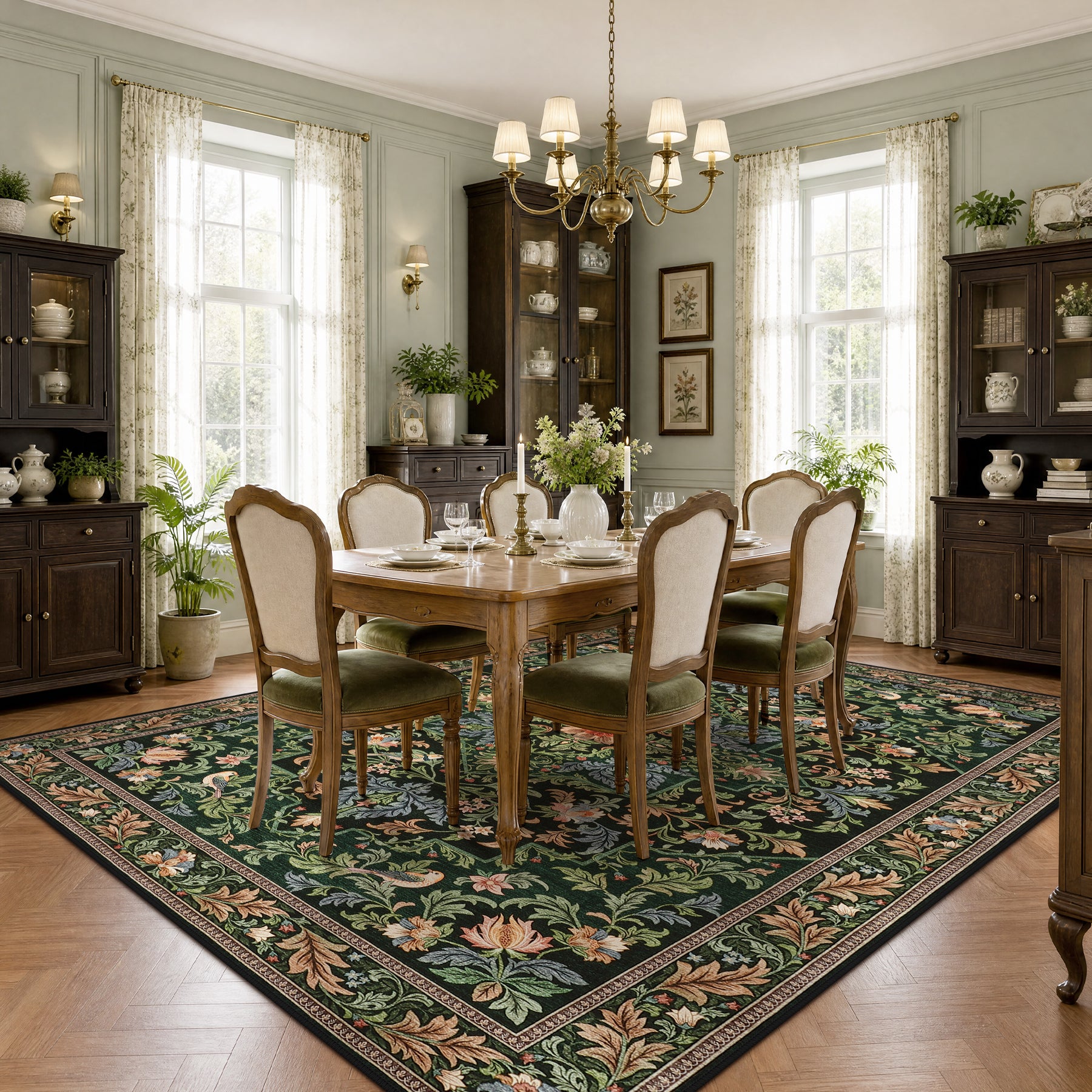 Floral Bird Area Rug, Machine Washable Boho Rug in Green & Blue, 5x7 / 8x10, Non-Slip Indoor Outdoor Living Room
