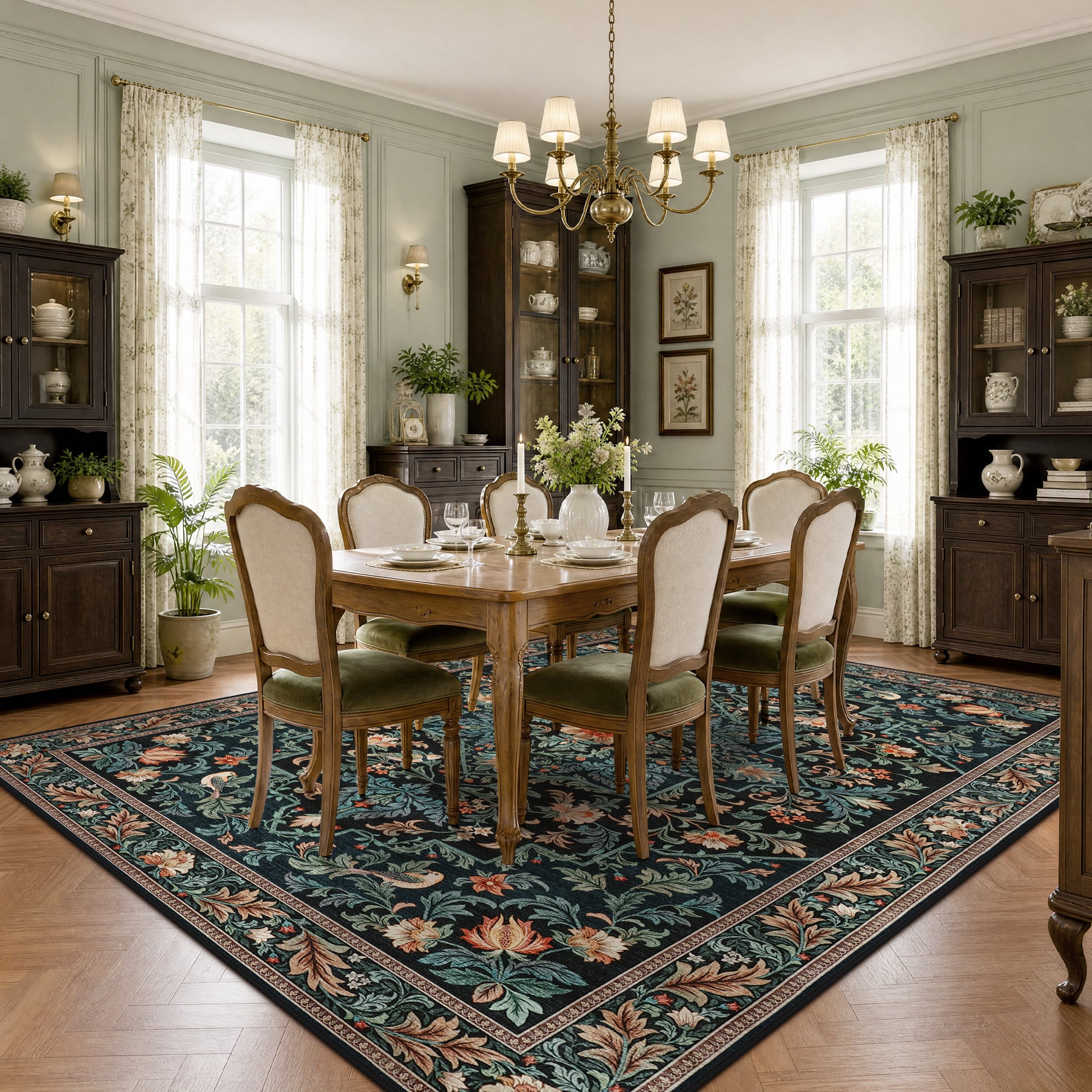 Floral Bird Area Rug, Machine Washable Boho Rug in Green & Blue, 5x7 / 8x10, Non-Slip Indoor Outdoor Living Room