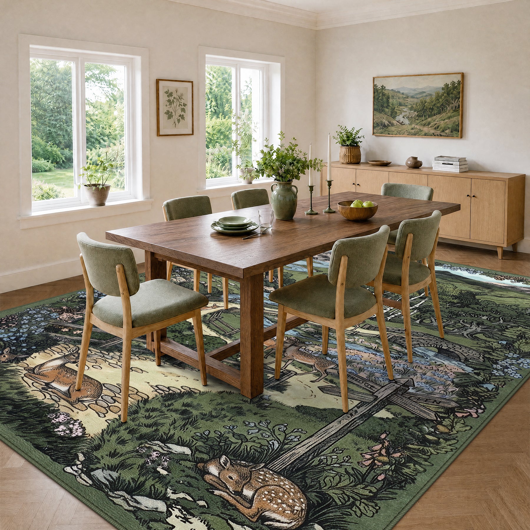 Washable Area Rug, Forest Deer Illustration Print, Non-Slip Soft Low-Pile, Living Room Animal Rug