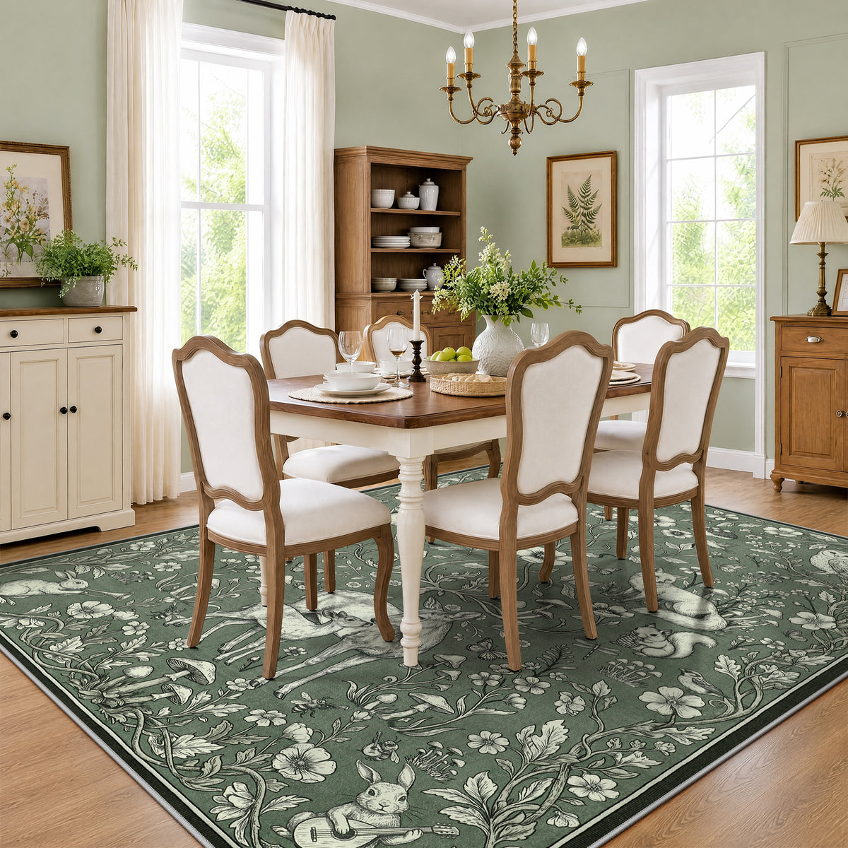 Whimsical Woodland Botanical Area Rug, Soft Low Pile Washable Non Slip Indoor Carpet