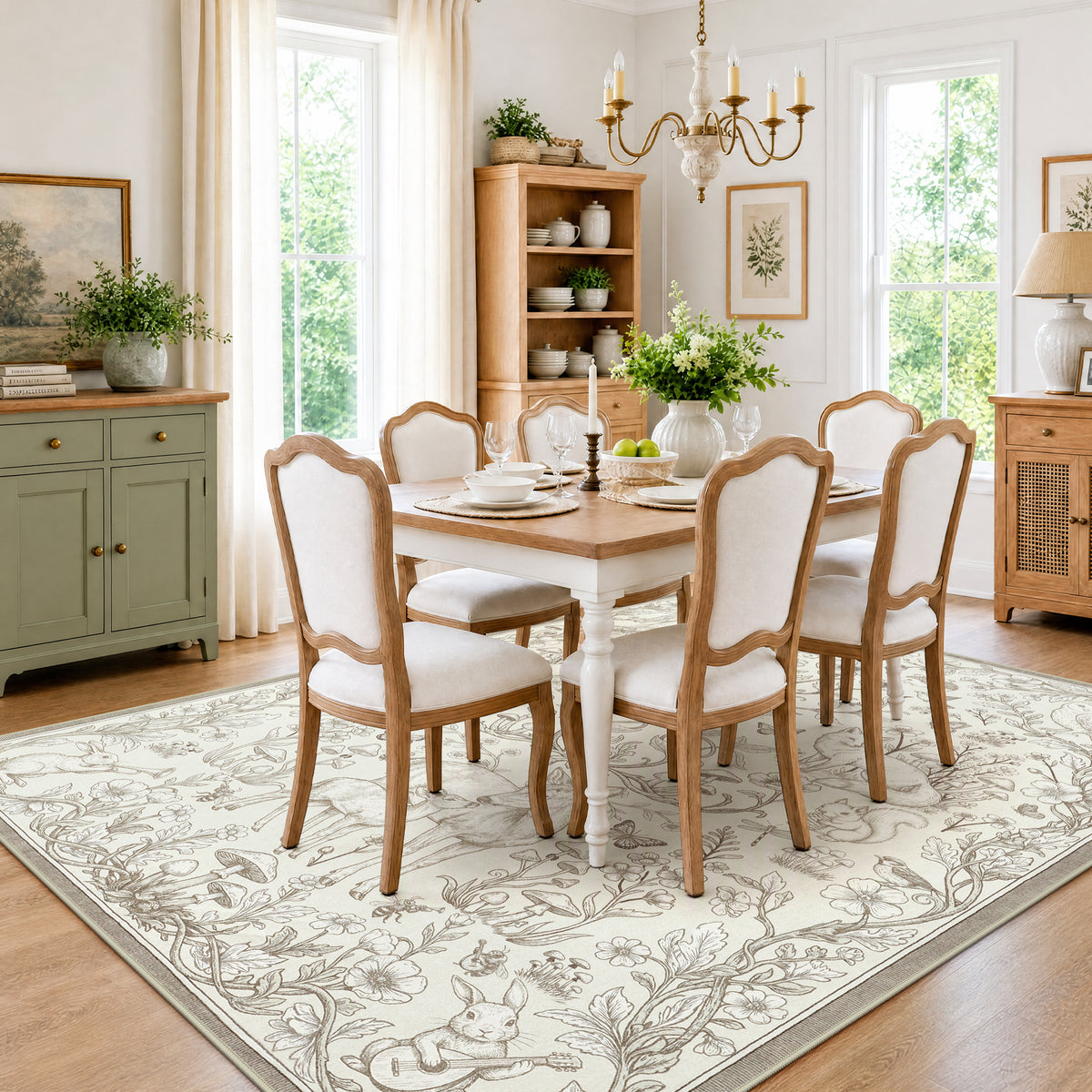 Whimsical Woodland Botanical Area Rug, Soft Low Pile Washable Non Slip Indoor Carpet