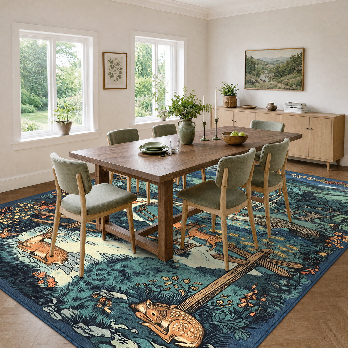 Washable Area Rug, Forest Deer Illustration Print, Non-Slip Soft Low-Pile, Living Room Animal Rug