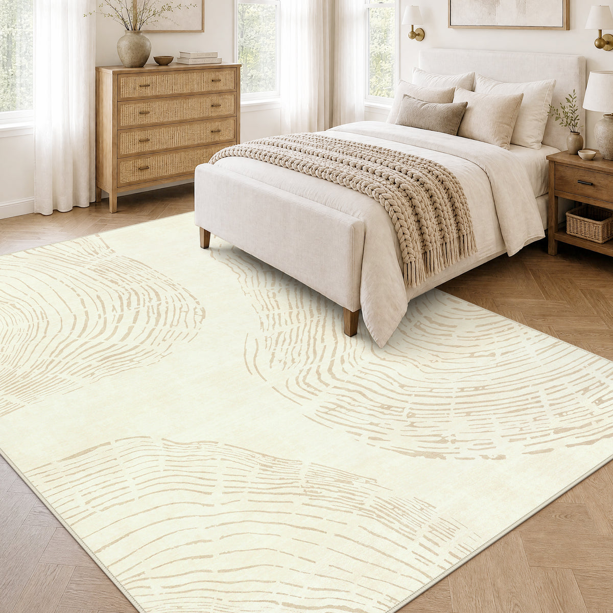 Abstract Machine Washable Area Rug, Soft Boho Minimalist Non-Slip Low Pile Carpet, Oeko-Tex Certified