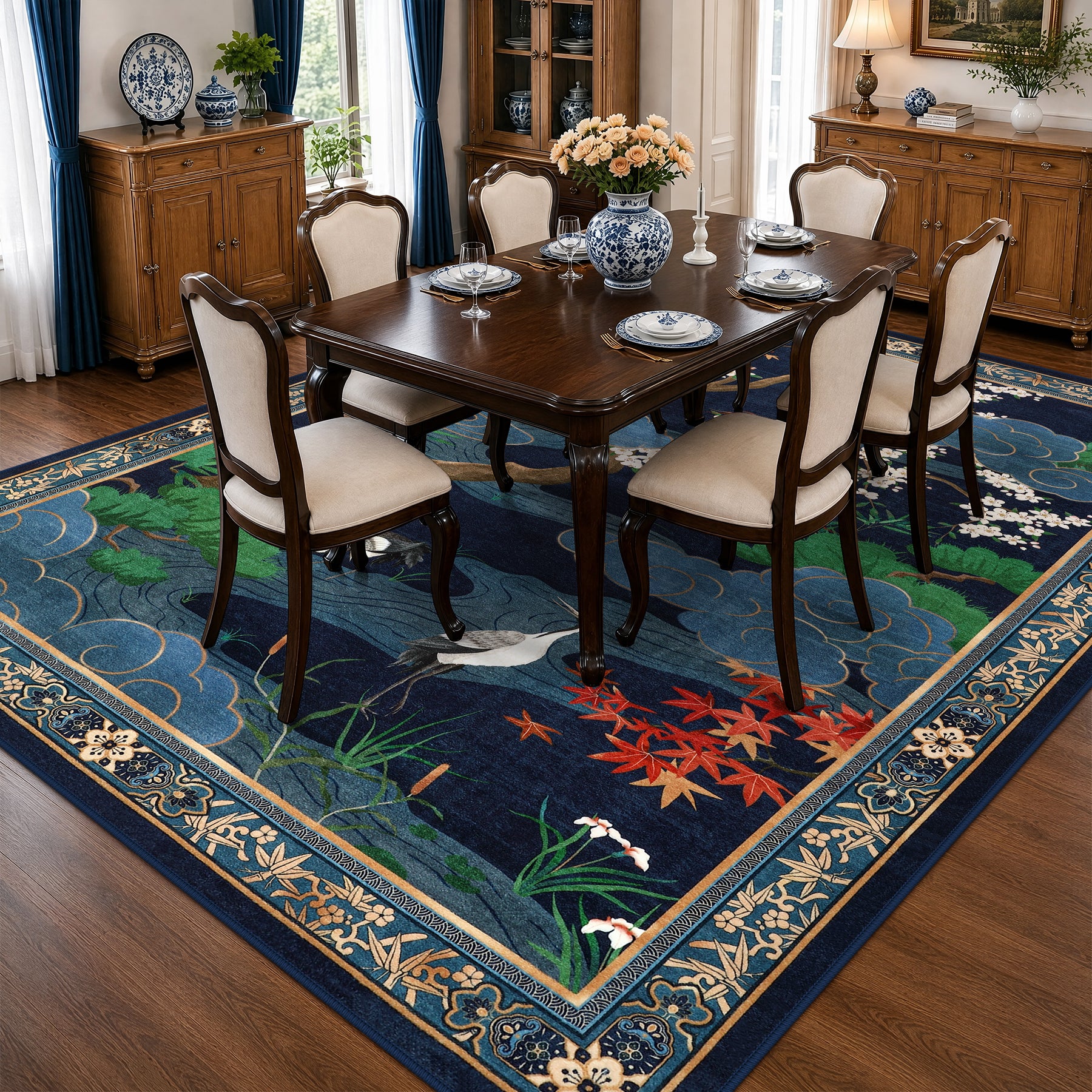 Floral Cherry Blossom Oriental Rug – Soft Non-Slip Washable Carpet for Living Room, Bedroom, Oeko-Tex Certified