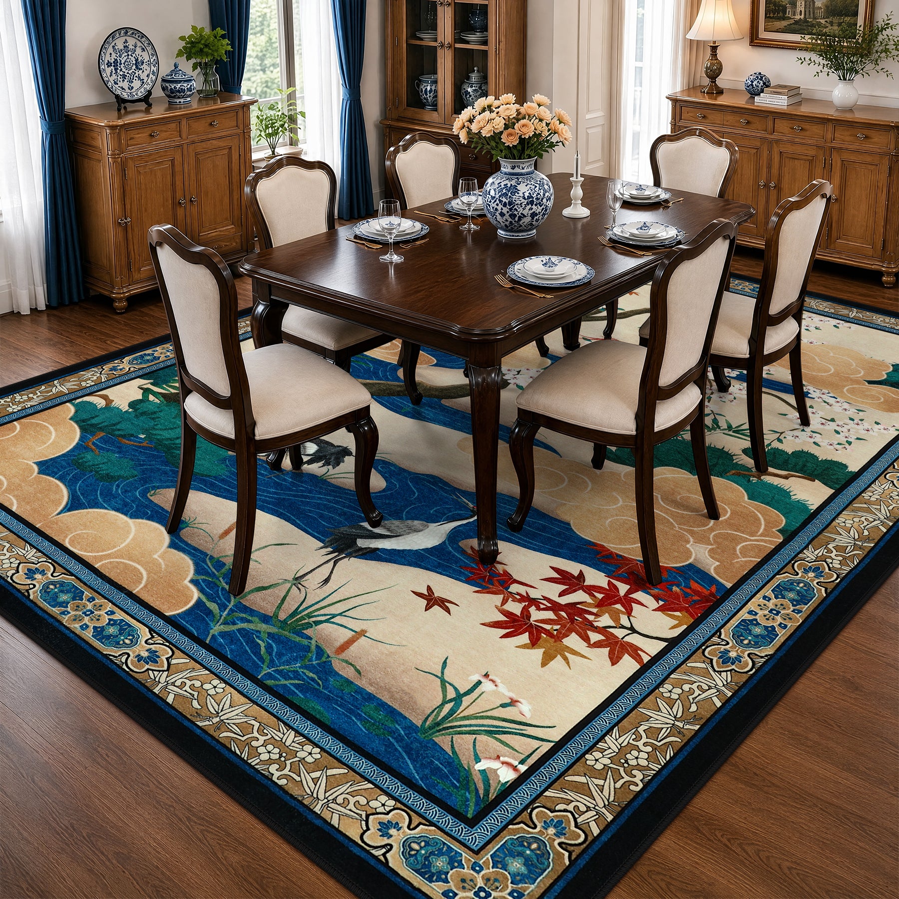 Floral Cherry Blossom Oriental Rug – Soft Non-Slip Washable Carpet for Living Room, Bedroom, Oeko-Tex Certified