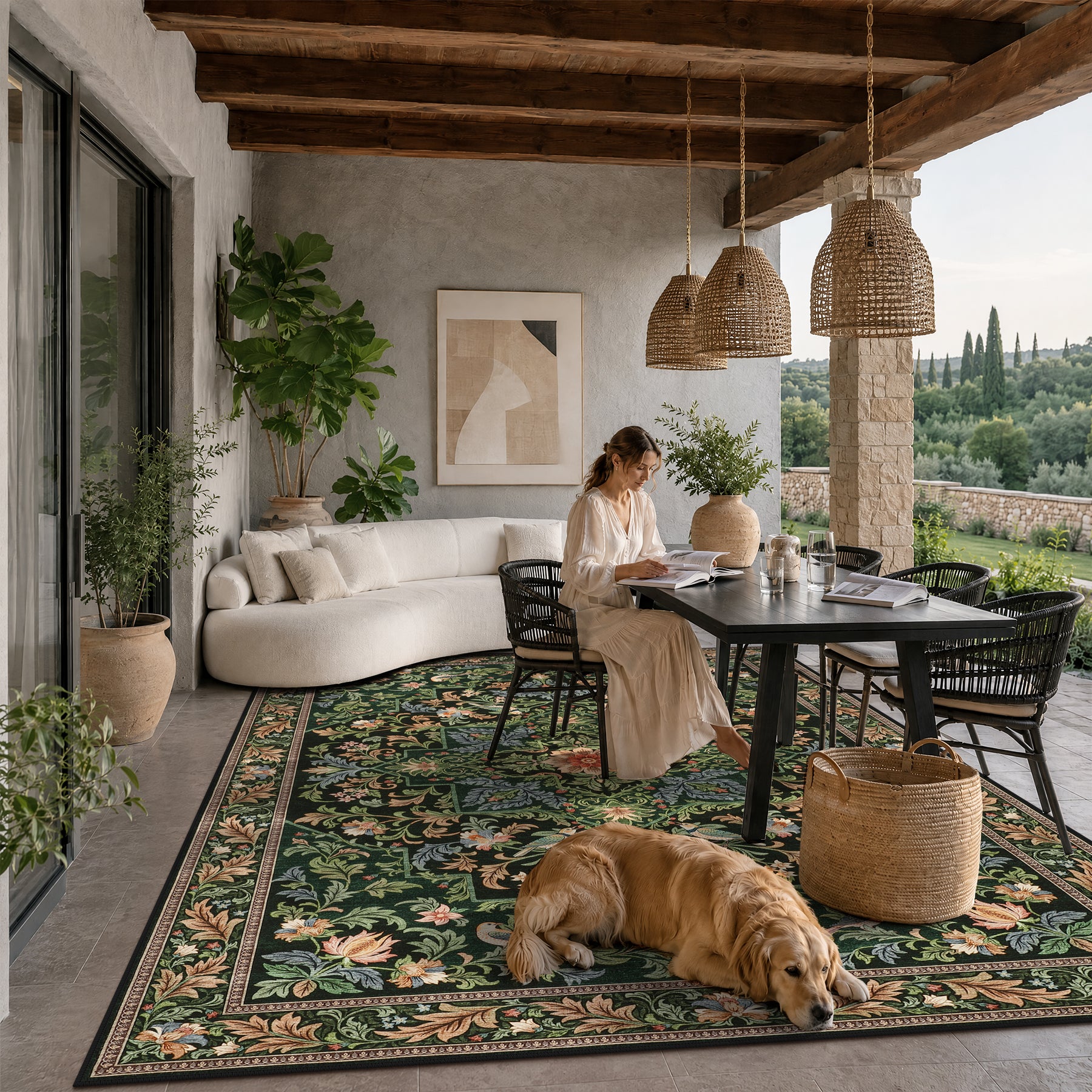 Floral Bird Area Rug, Machine Washable Boho Rug in Green & Blue, 5x7 / 8x10, Non-Slip Indoor Outdoor Living Room