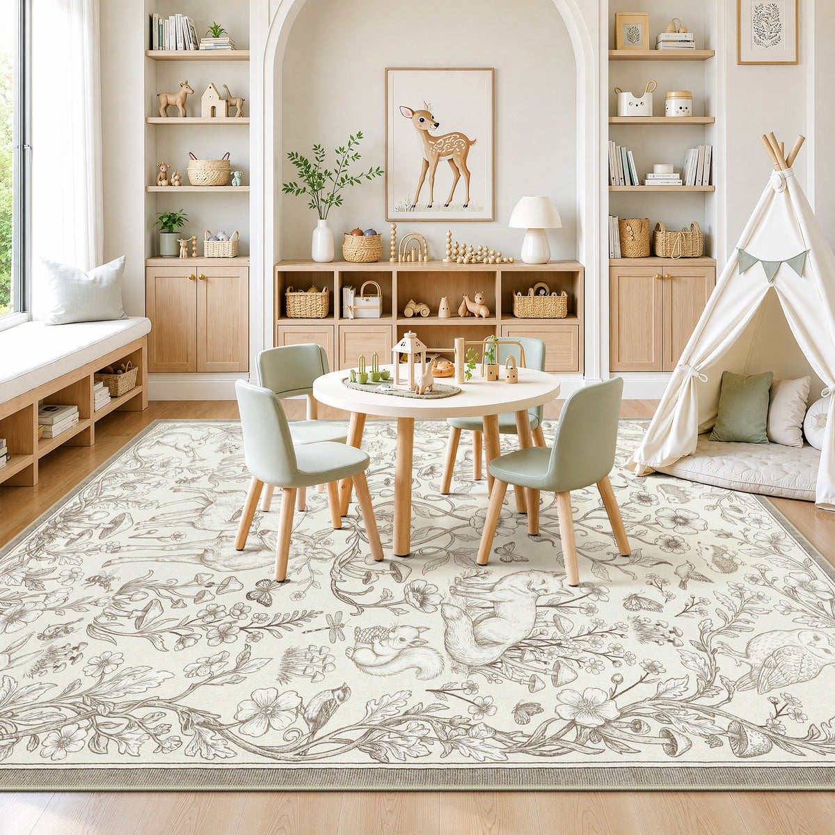 Whimsical Woodland Botanical Area Rug, Soft Low Pile Washable Non Slip Indoor Carpet
