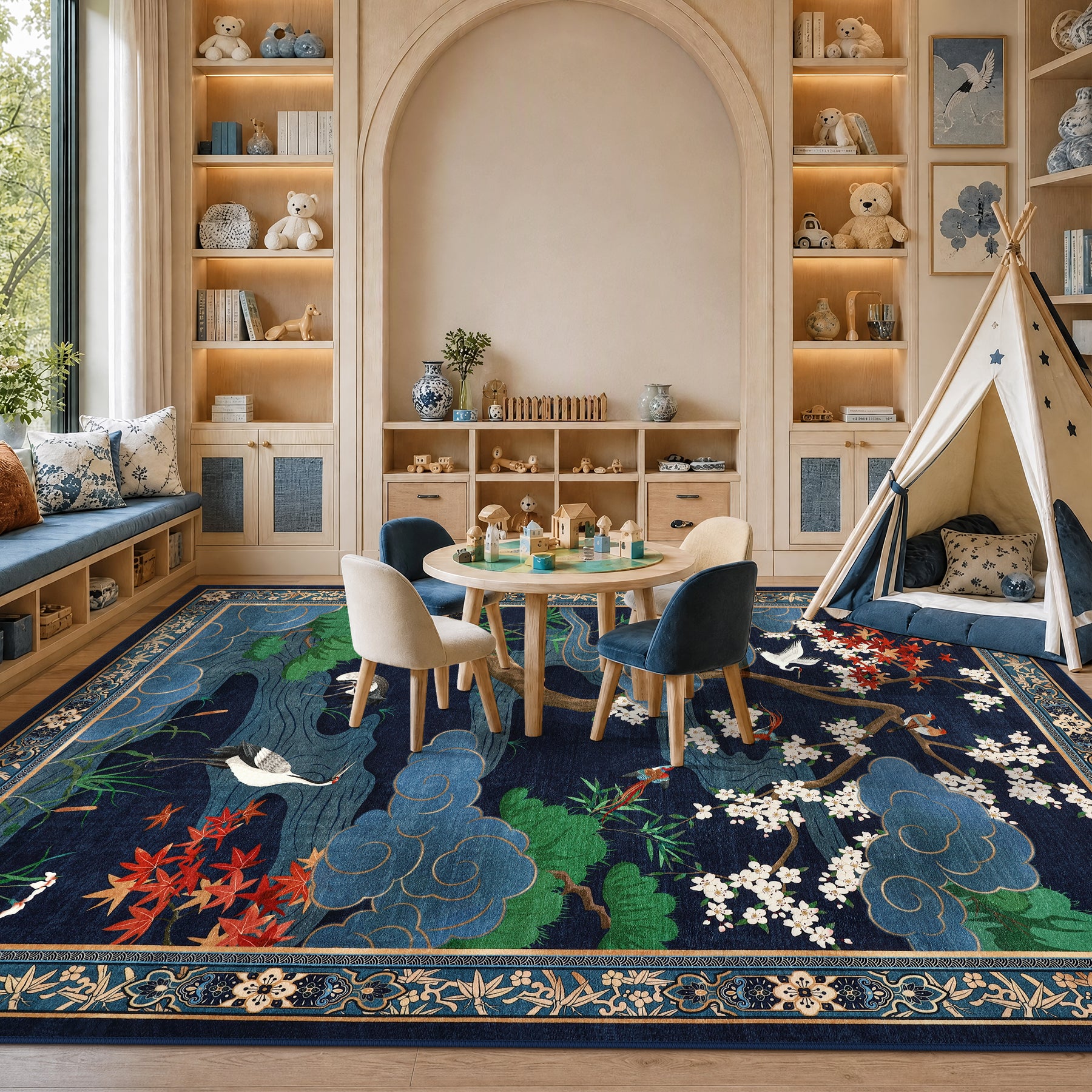 Floral Cherry Blossom Oriental Rug – Soft Non-Slip Washable Carpet for Living Room, Bedroom, Oeko-Tex Certified