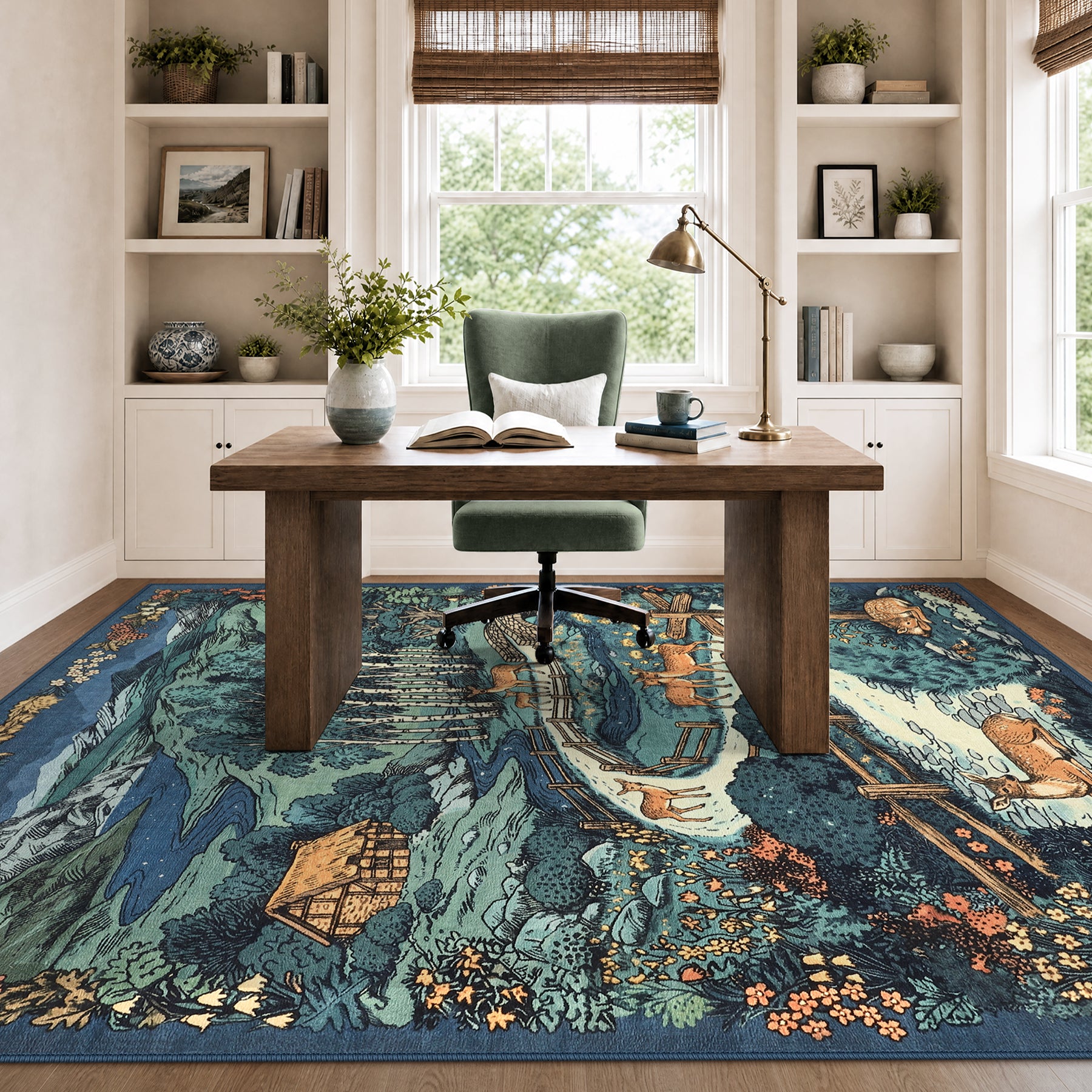 Washable Area Rug, Forest Deer Illustration Print, Non-Slip Soft Low-Pile, Living Room Animal Rug