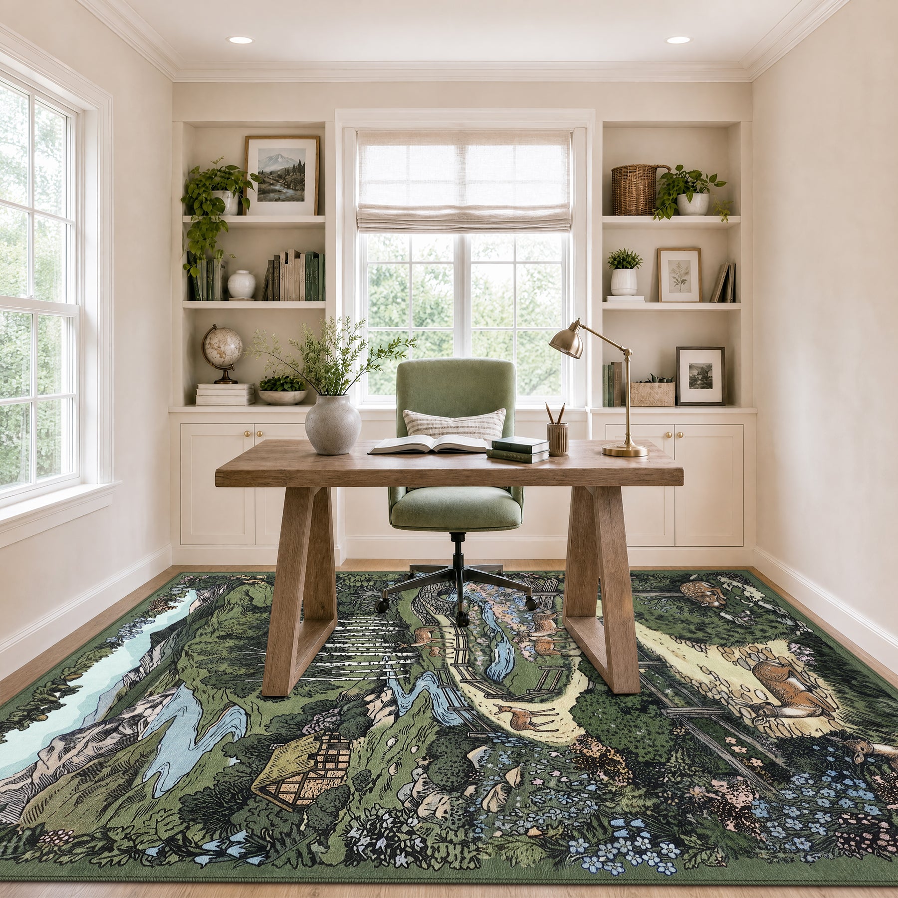 Washable Area Rug, Forest Deer Illustration Print, Non-Slip Soft Low-Pile, Living Room Animal Rug