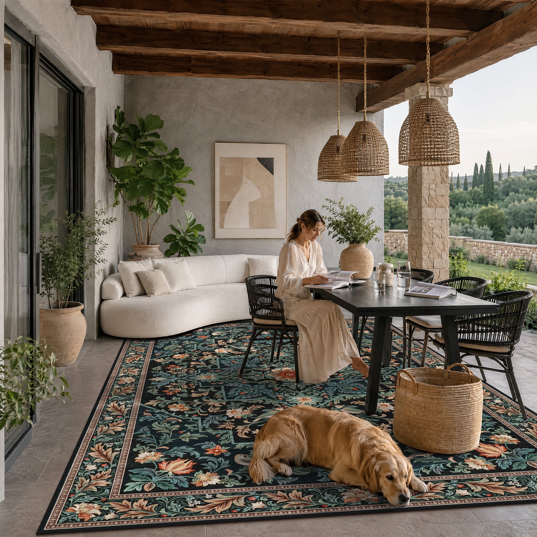 Floral Bird Area Rug, Machine Washable Boho Rug in Green & Blue, 5x7 / 8x10, Non-Slip Indoor Outdoor Living Room