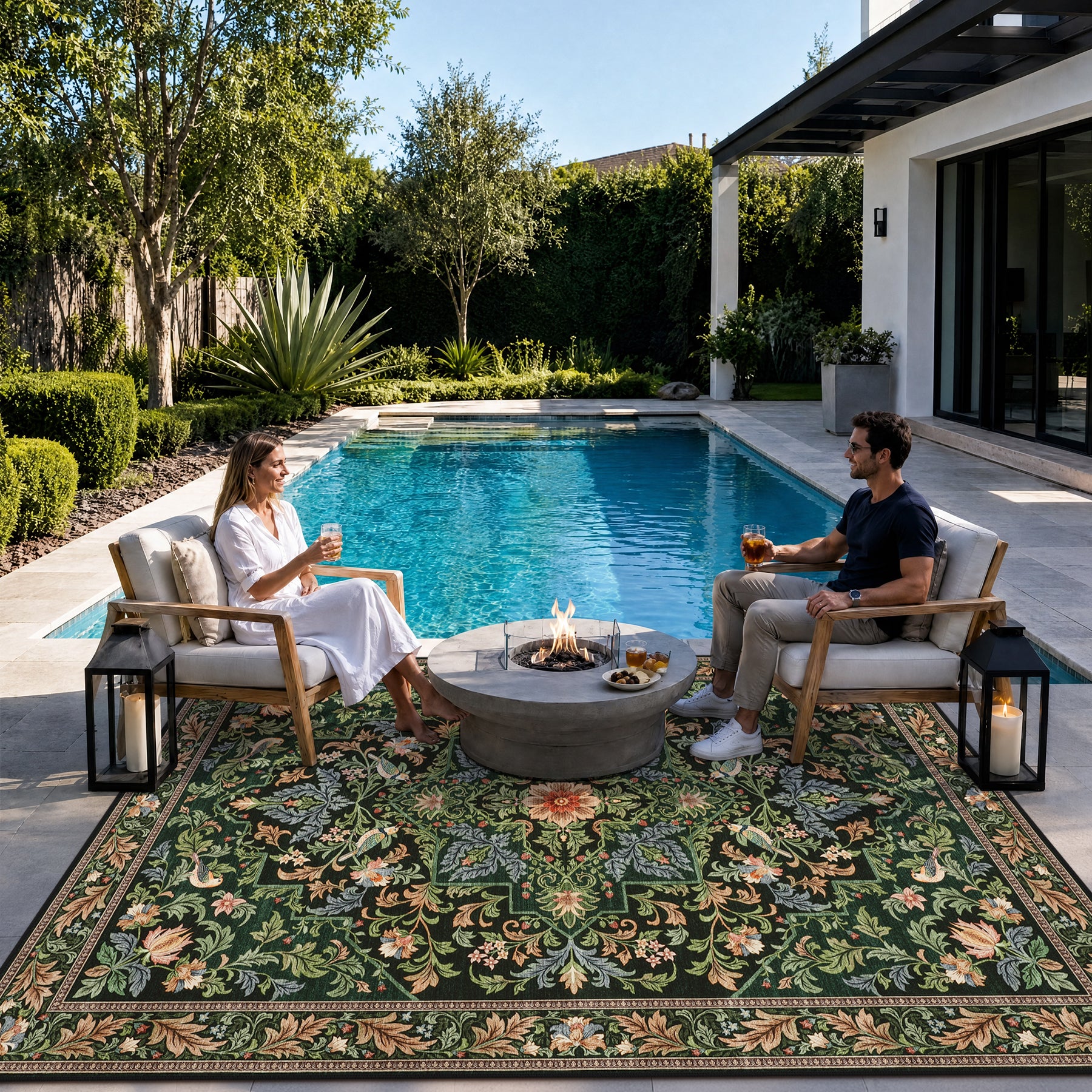 Floral Bird Area Rug, Machine Washable Boho Rug in Green & Blue, 5x7 / 8x10, Non-Slip Indoor Outdoor Living Room