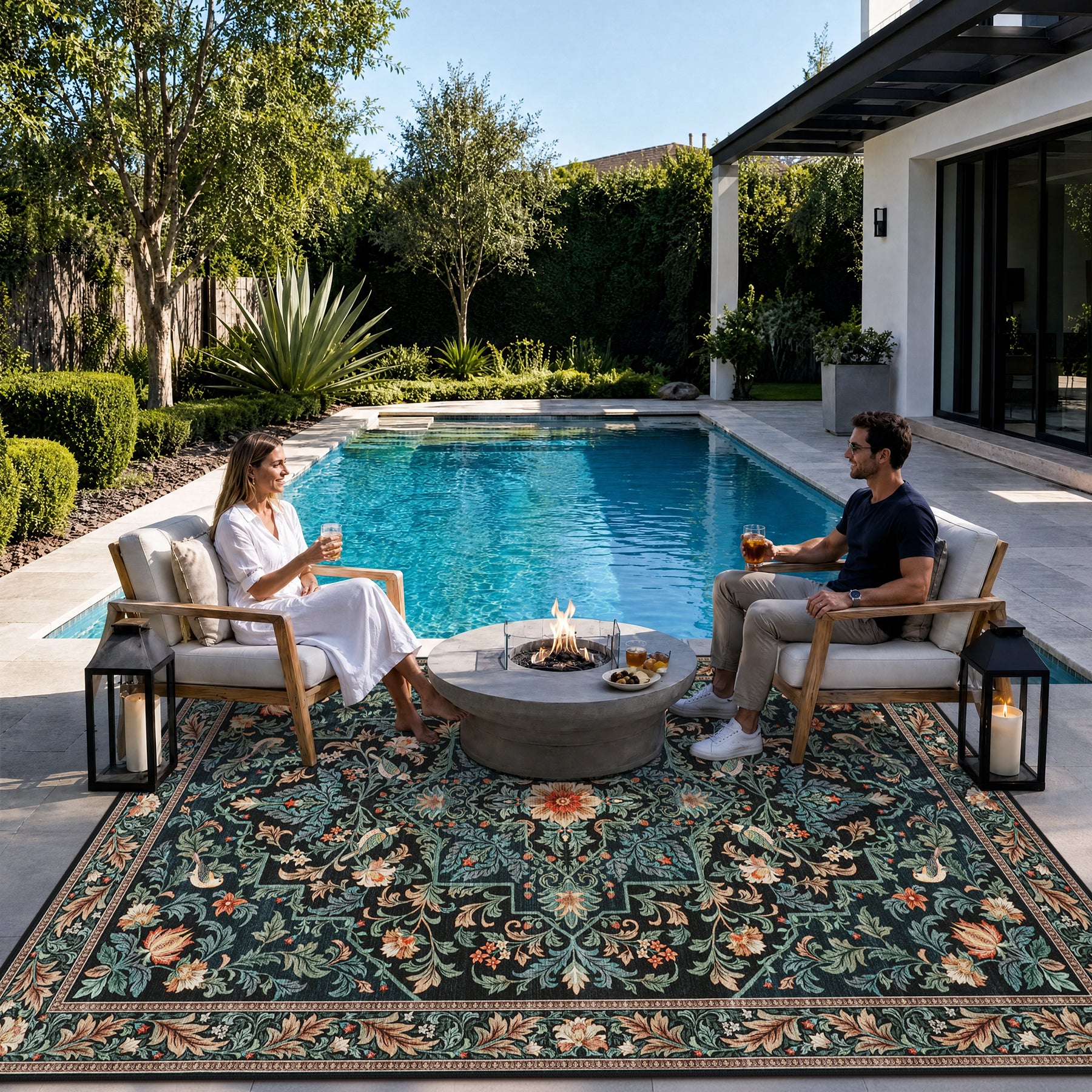 Floral Bird Area Rug, Machine Washable Boho Rug in Green & Blue, 5x7 / 8x10, Non-Slip Indoor Outdoor Living Room