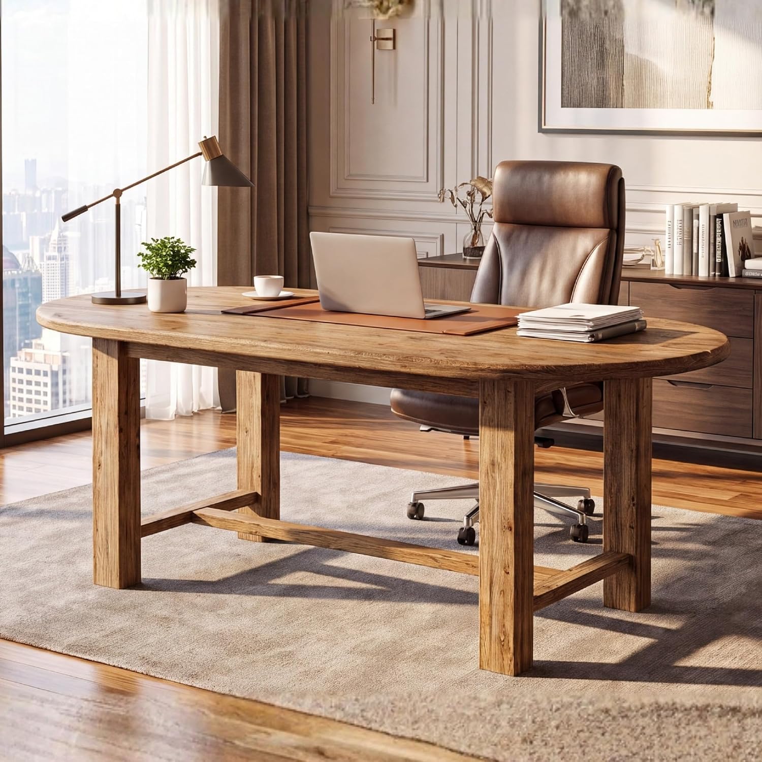 Solid Wood Executive Desk, 63" Oval Computer Table Office Desk with Crossbar for Home Office