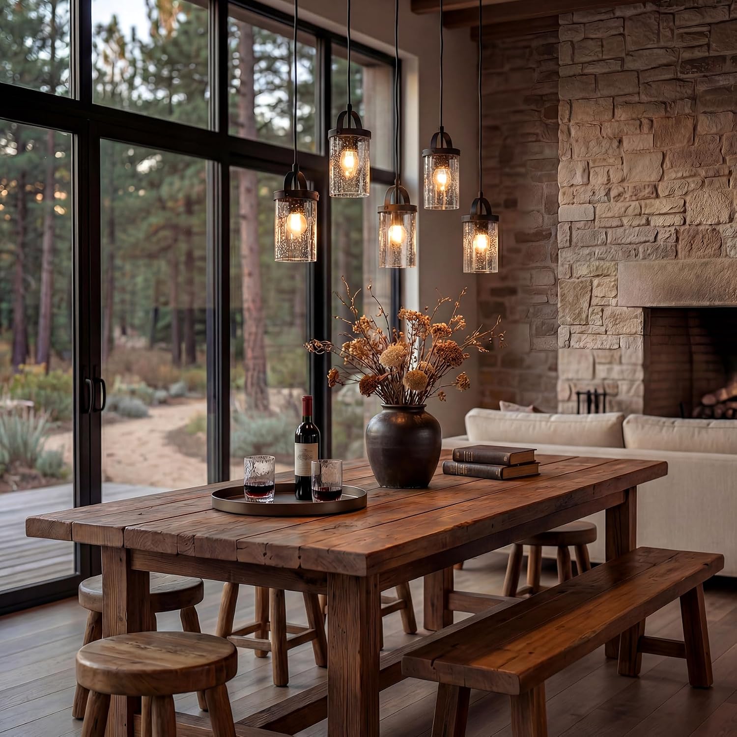 5-Light Linear Chandelier, Kitchen Island Lighting Fixture with Seeded Glass Shades, E26 Socket