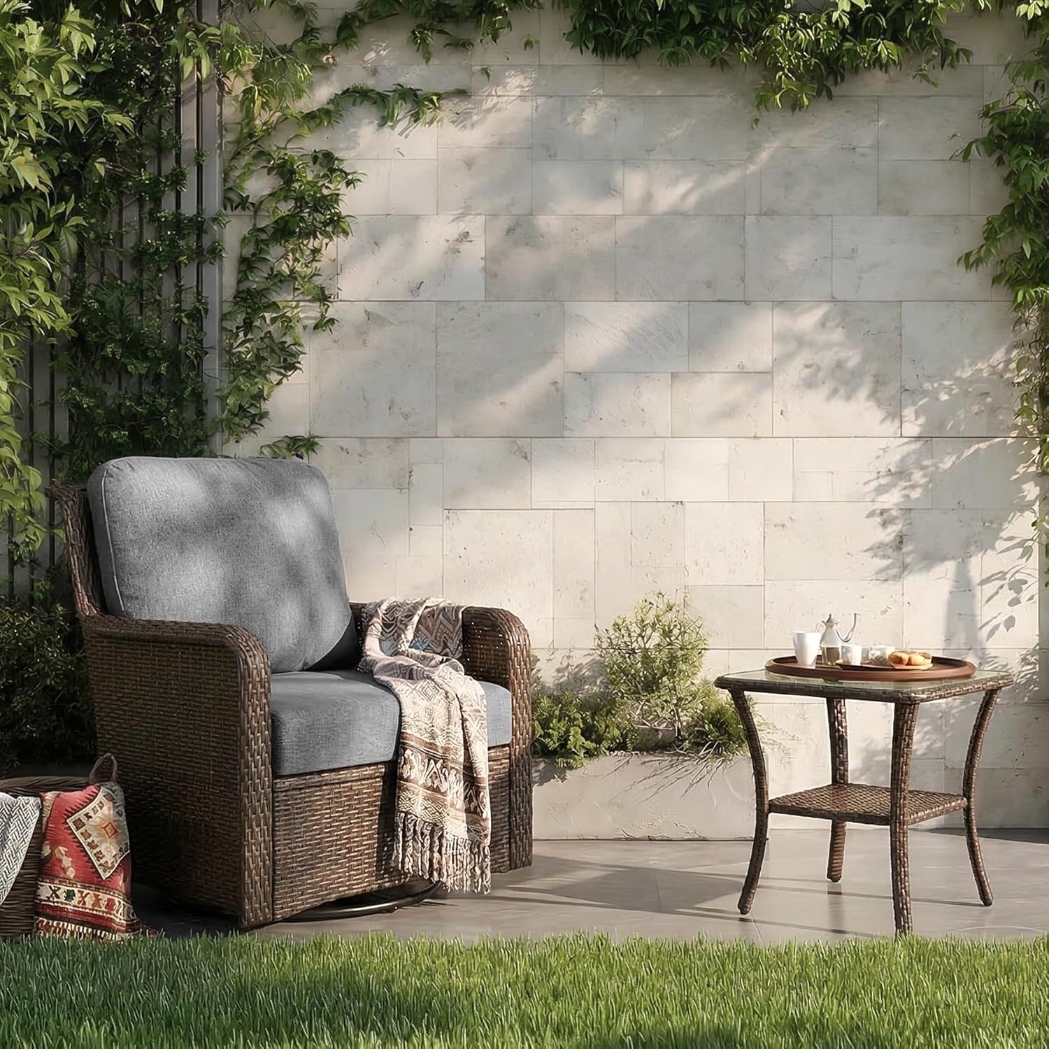 Outdoor Side Table, Rattan Wicker Table with Tempered Glass Top