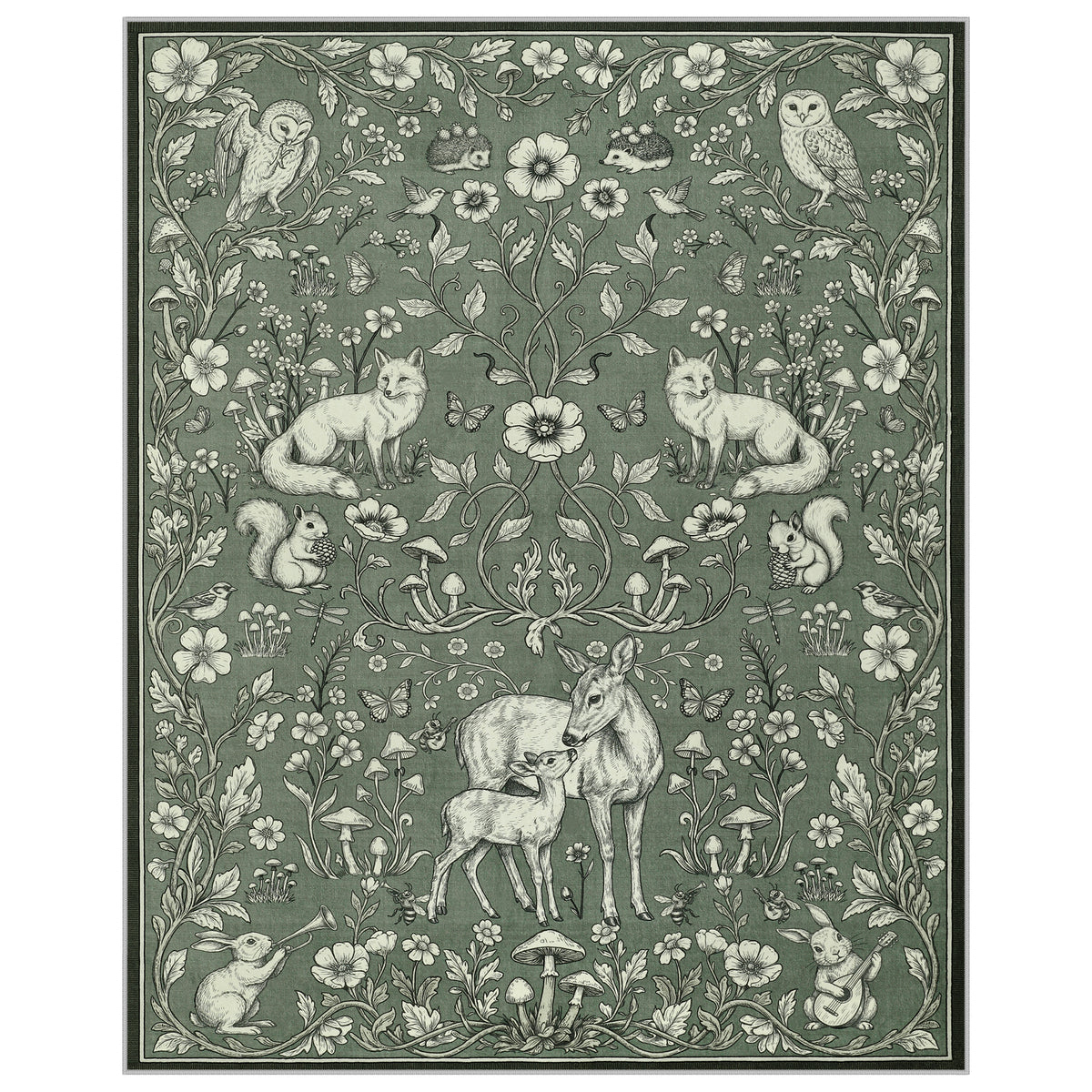 Whimsical Woodland Botanical Area Rug, Soft Low Pile Washable Non Slip Indoor Carpet